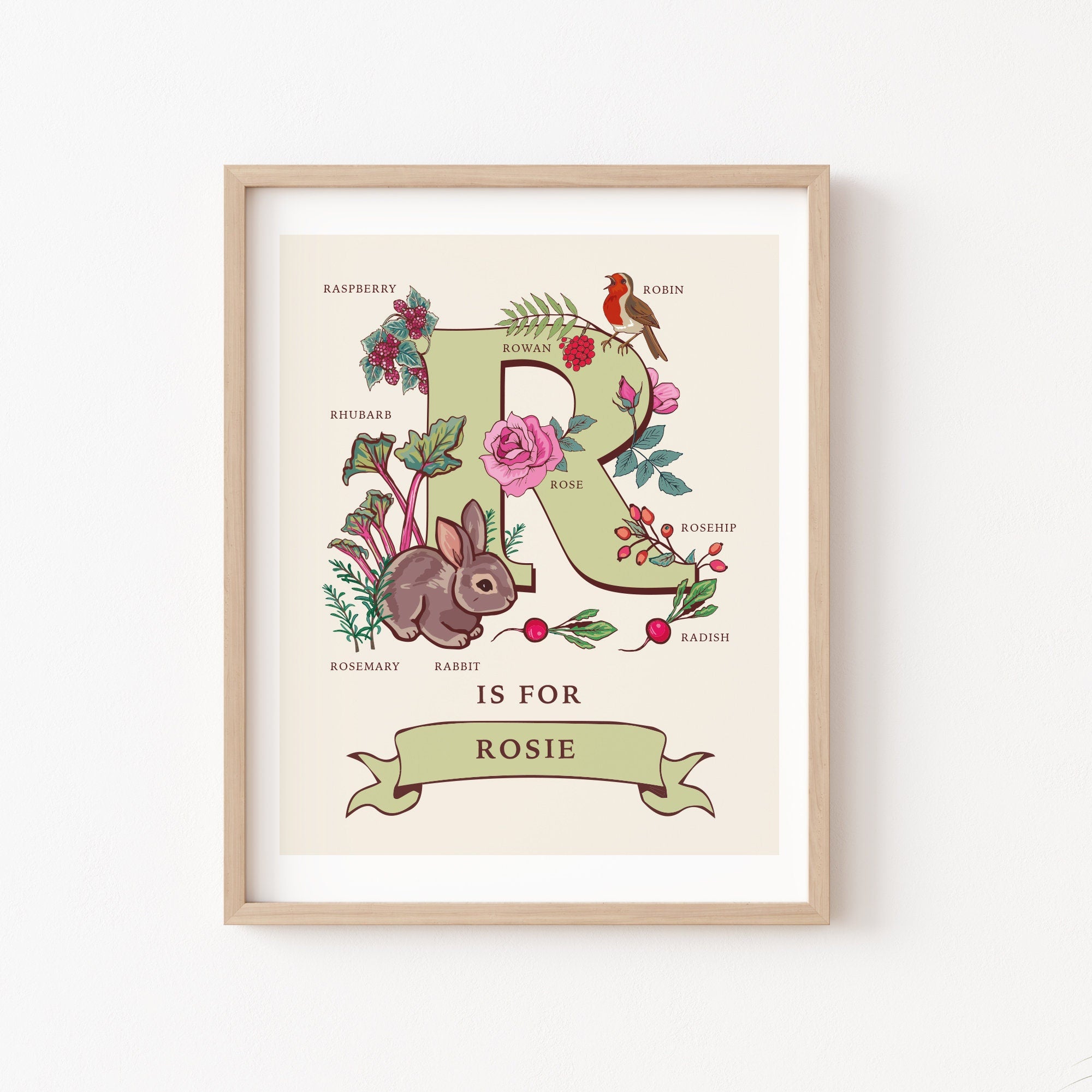 R - Personalised Letter R Print, Initial R Wall Art, Nature Guide Monogram Illustration