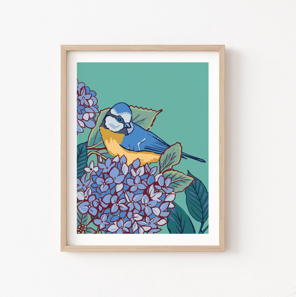 Blue Tit and Hydrangea Wall Art Print