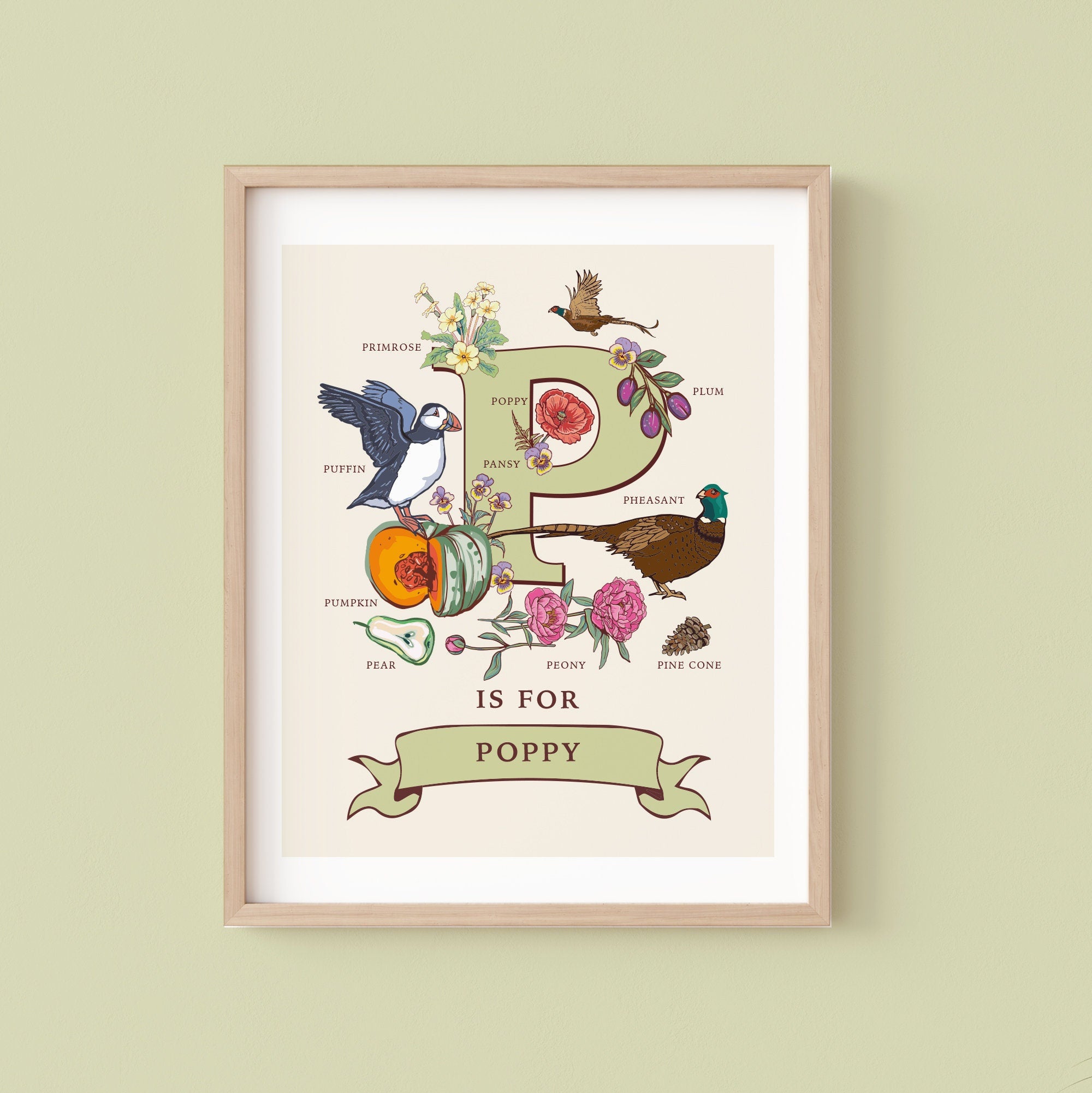 P - Personalised Letter P Print, Initial P Wall Art, Nature Guide Monogram Illustration