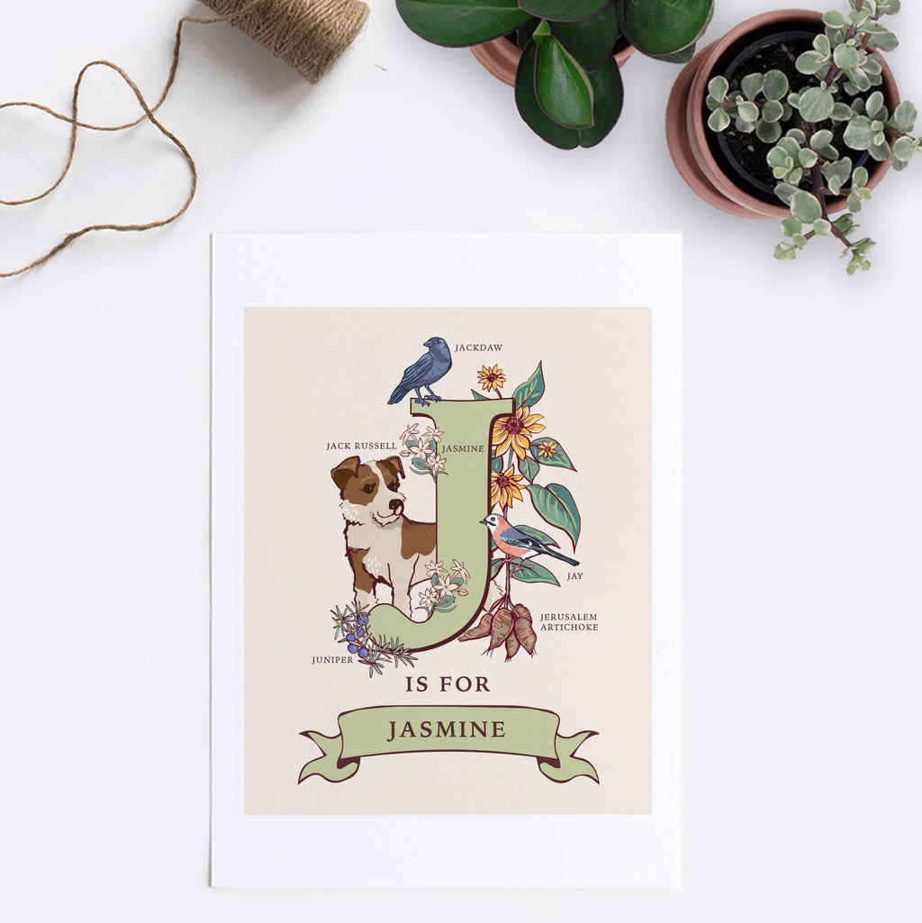 J - Personalised Letter J Print, Initial J Wall Art, Nature Guide Monogram Illustration