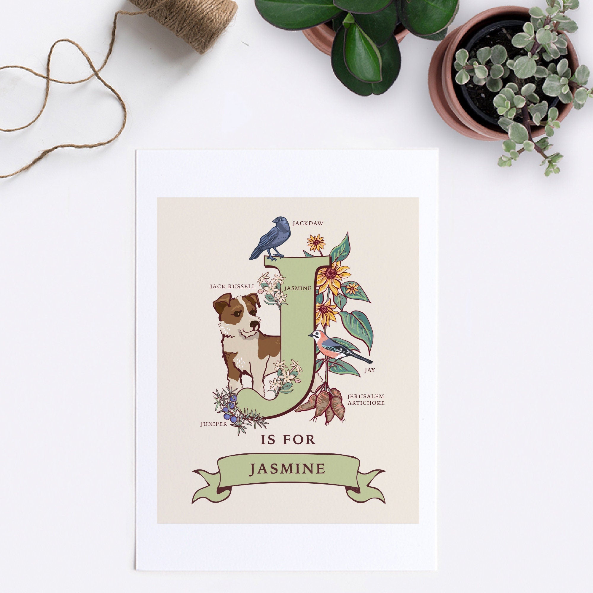 J - Personalised Letter J Print, Initial J Wall Art, Nature Guide Monogram Illustration