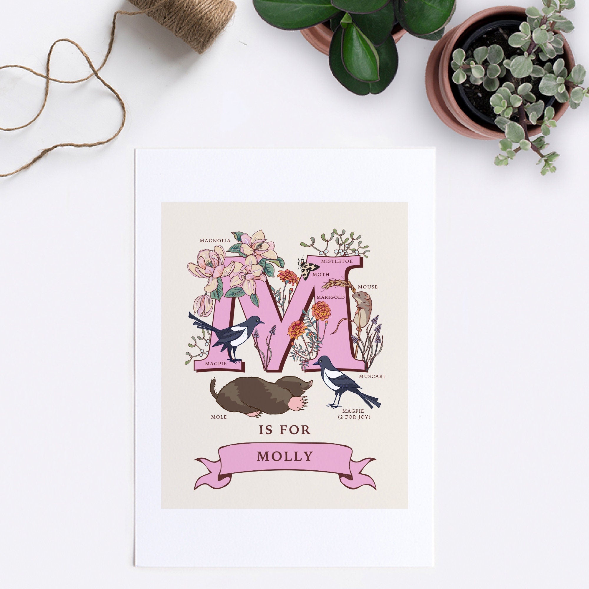 M - Personalised Letter M Print, Initial M Wall Art, Nature Guide Monogram Illustration