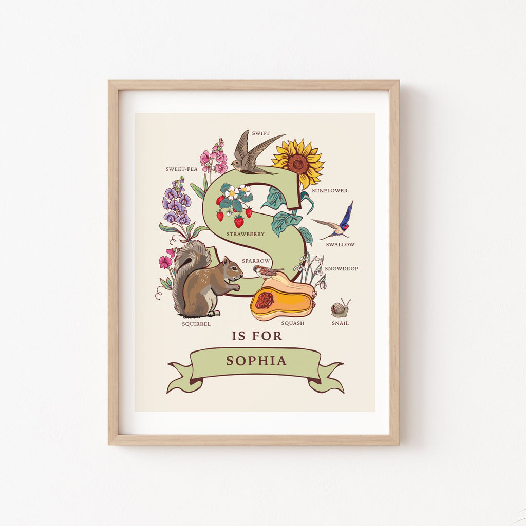 S - Personalised Letter S Print, Initial S Wall Art, Nature Guide Monogram Illustration