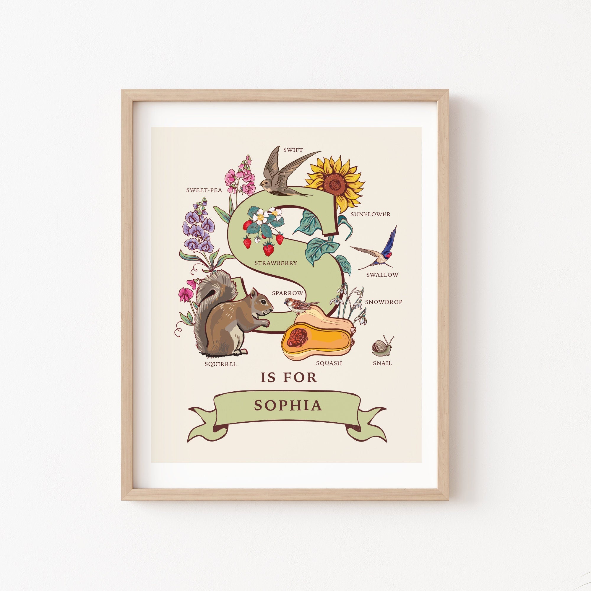 S - Personalised Letter S Print, Initial S Wall Art, Nature Guide Monogram Illustration
