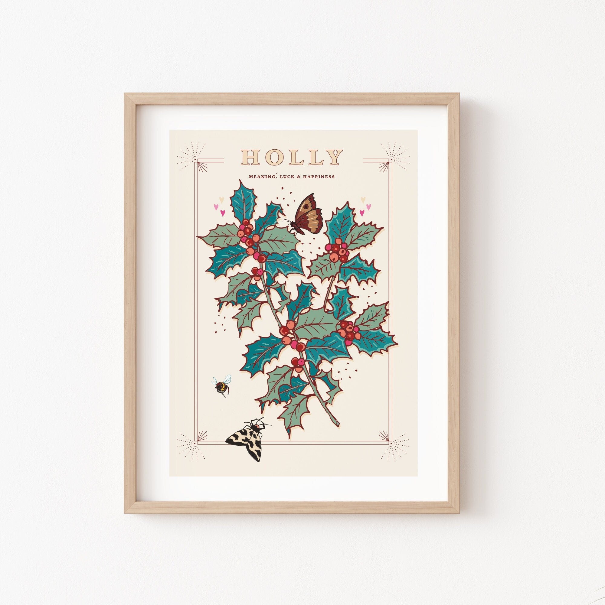 Holly Berries December Birth Month Wall Art Print