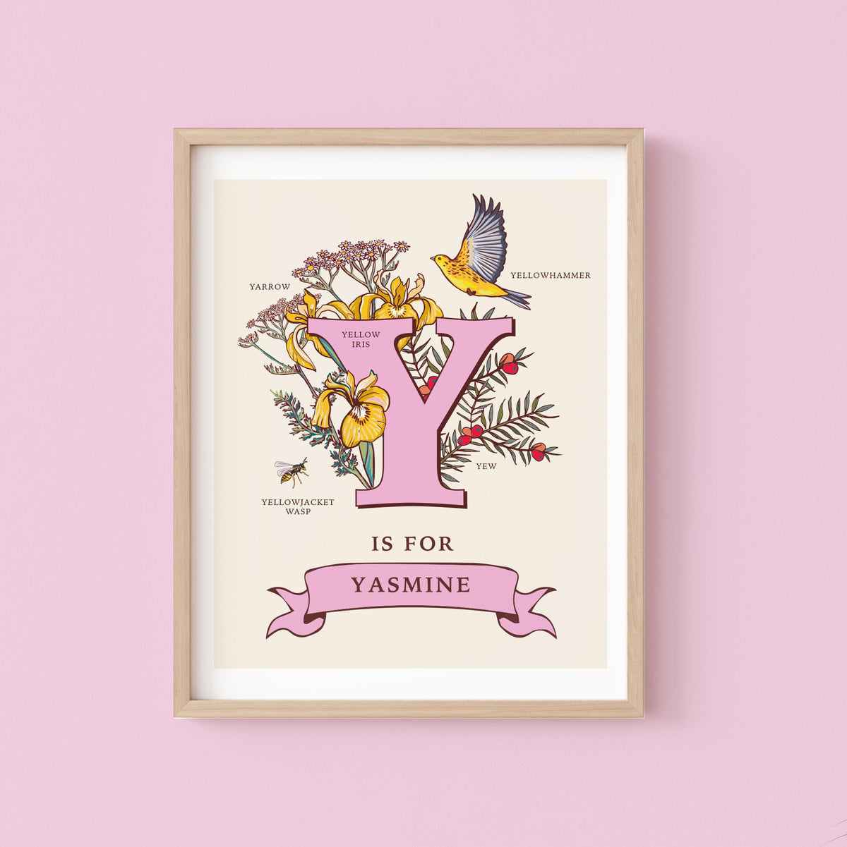Y - Personalised Letter Y Print, Initial Y Wall Art, Nature Guide Monogram Illustration