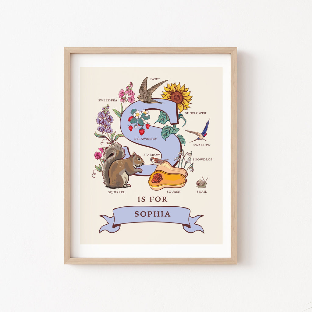 S - Personalised Letter S Print, Initial S Wall Art, Nature Guide Monogram Illustration