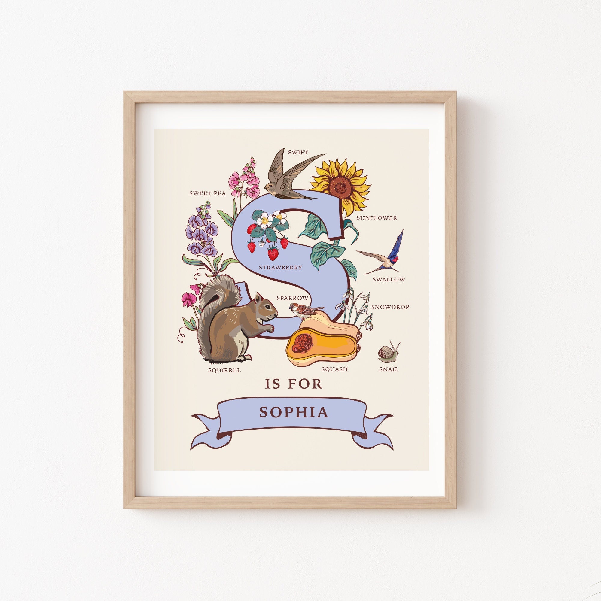 S - Personalised Letter S Print, Initial S Wall Art, Nature Guide Monogram Illustration