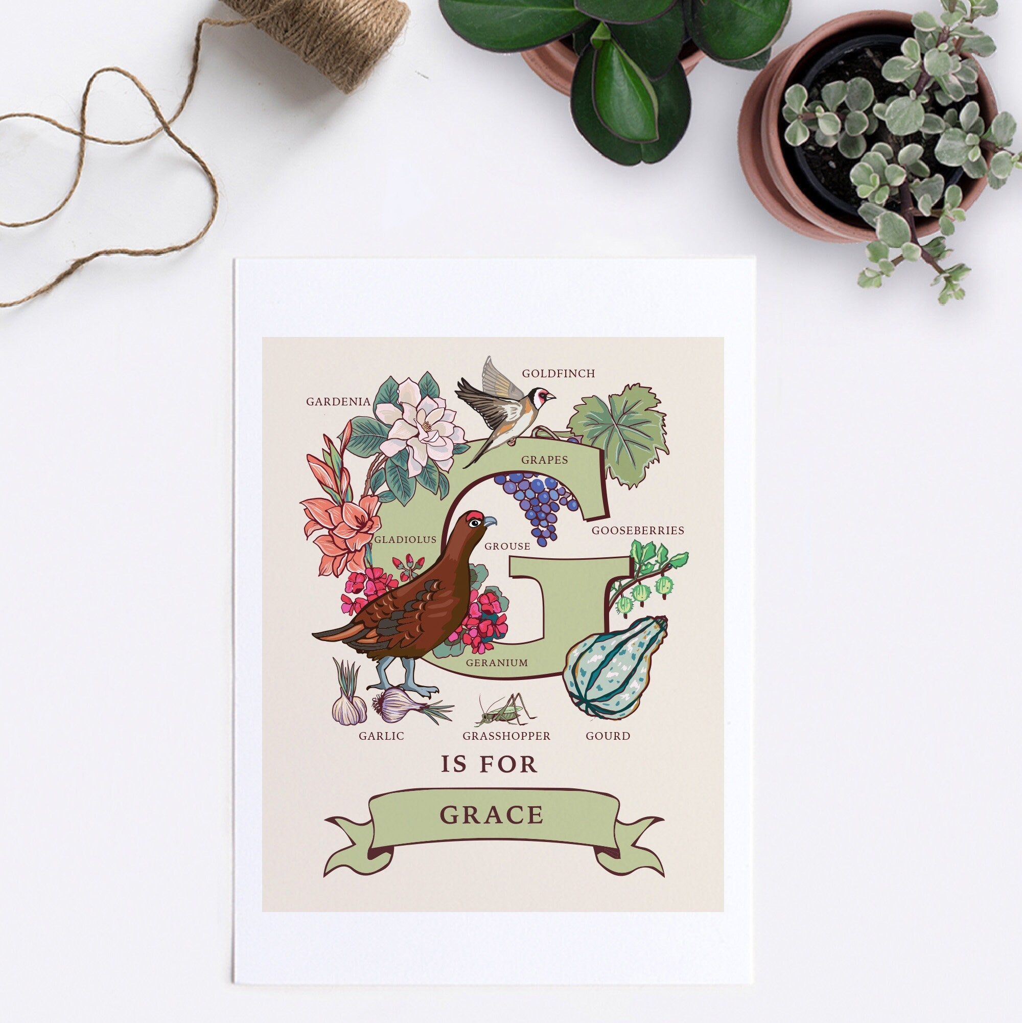 G - Personalised Letter G Print, Initial G Wall Art, Nature Guide Monogram Illustration