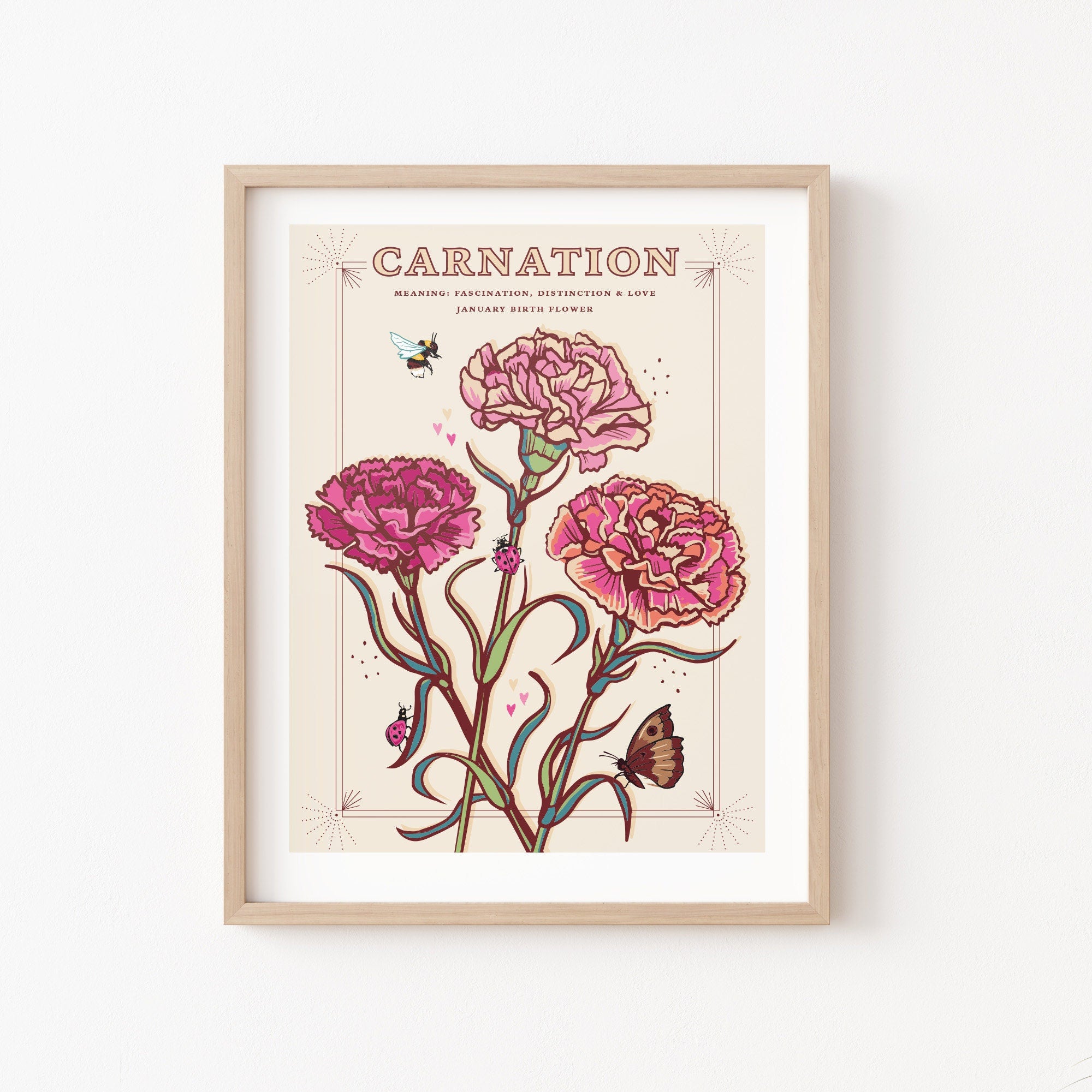 Carnations January Birth Flower Wall Art Print