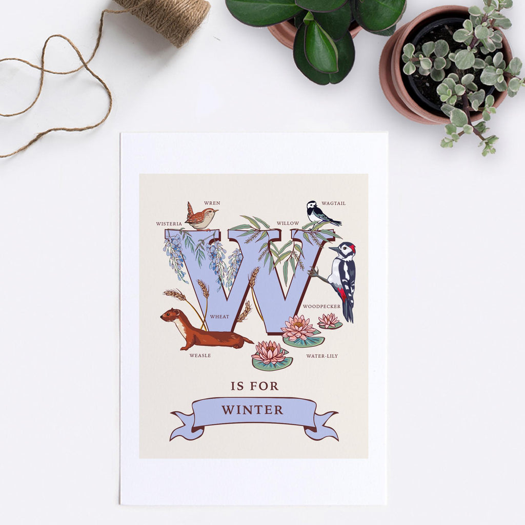 W - Personalised Letter W Print, Initial W Wall Art, Nature Guide Monogram Illustration