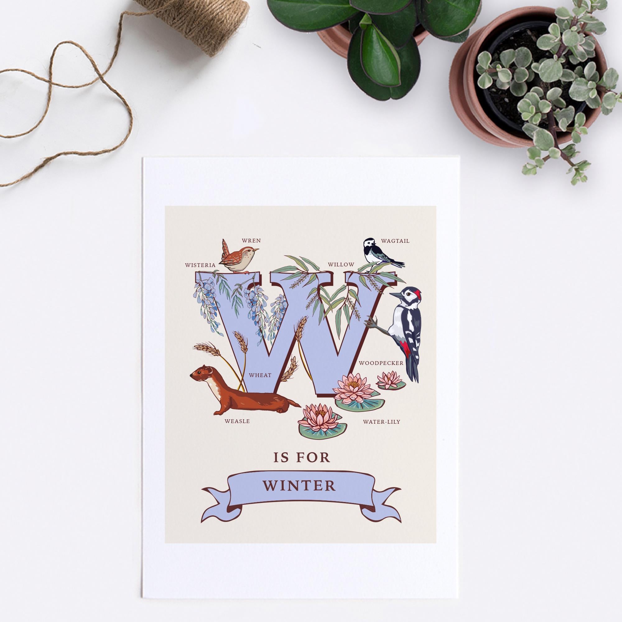 W - Personalised Letter W Print, Initial W Wall Art, Nature Guide Monogram Illustration