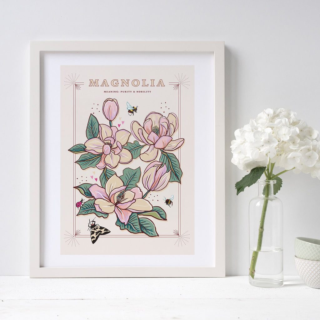 Magnolia Wall Art Print, Meaning of Flowers Illustration Print