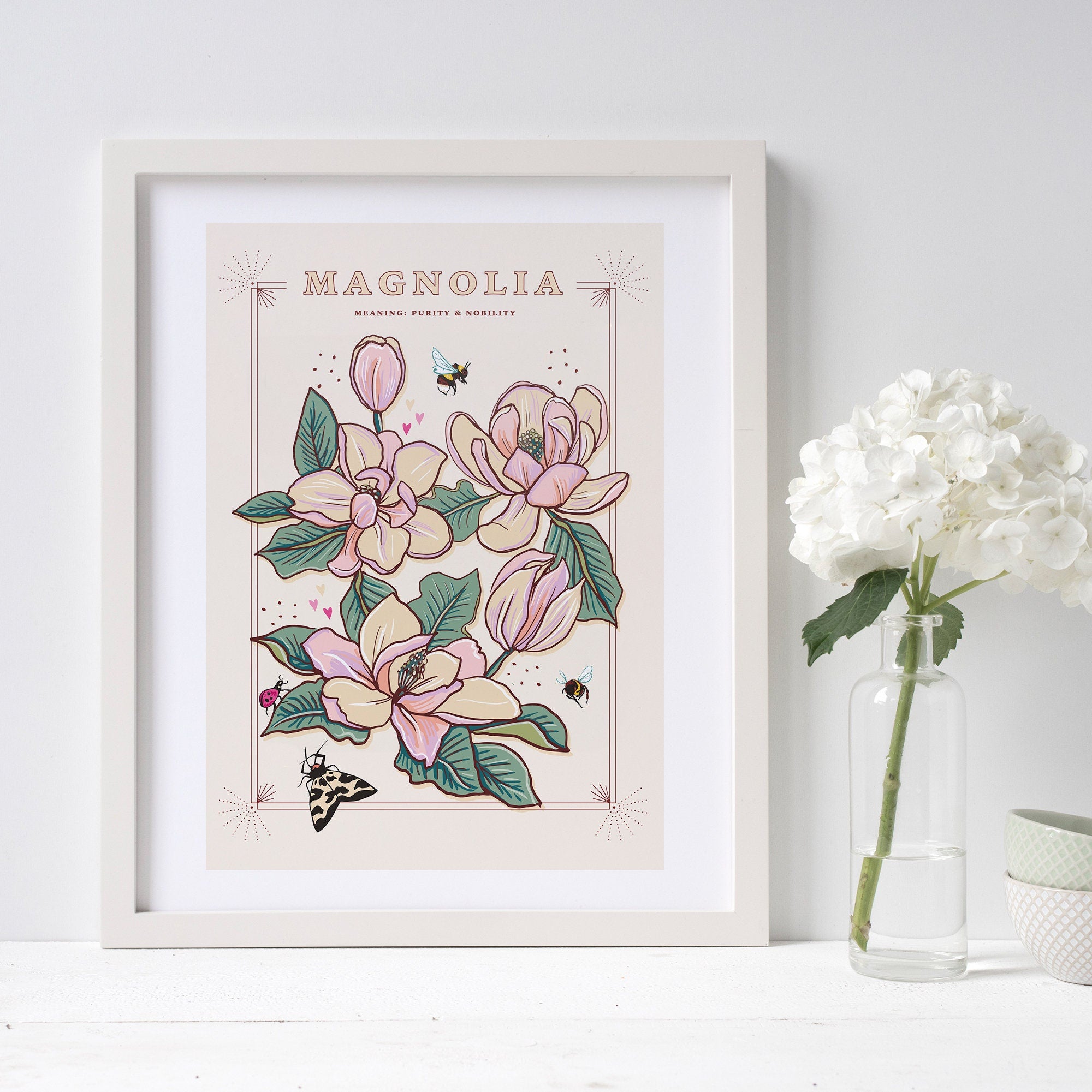 Magnolia Wall Art Print, Meaning of Flowers Illustration Print