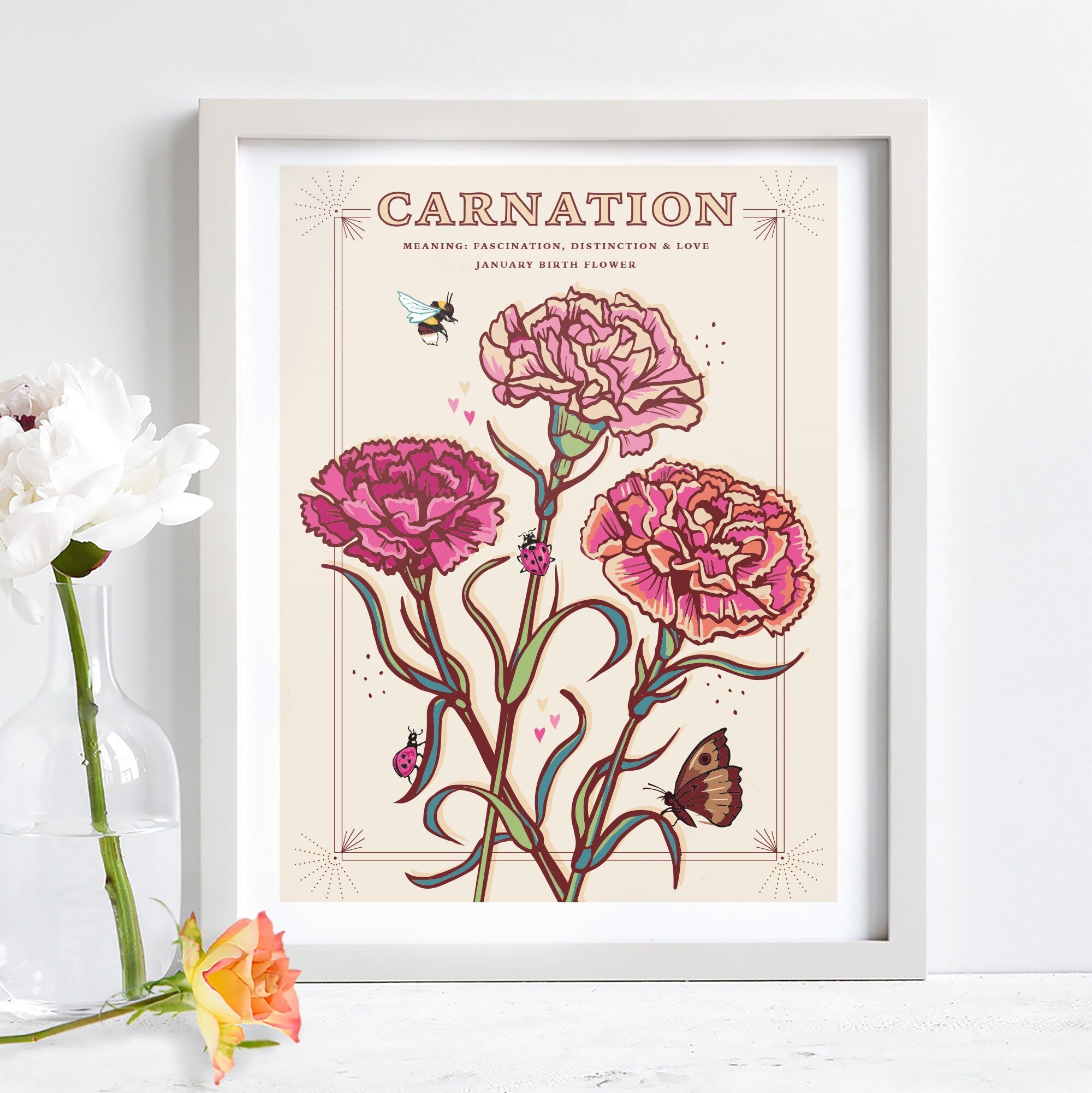 Carnations January Birth Flower Wall Art Print