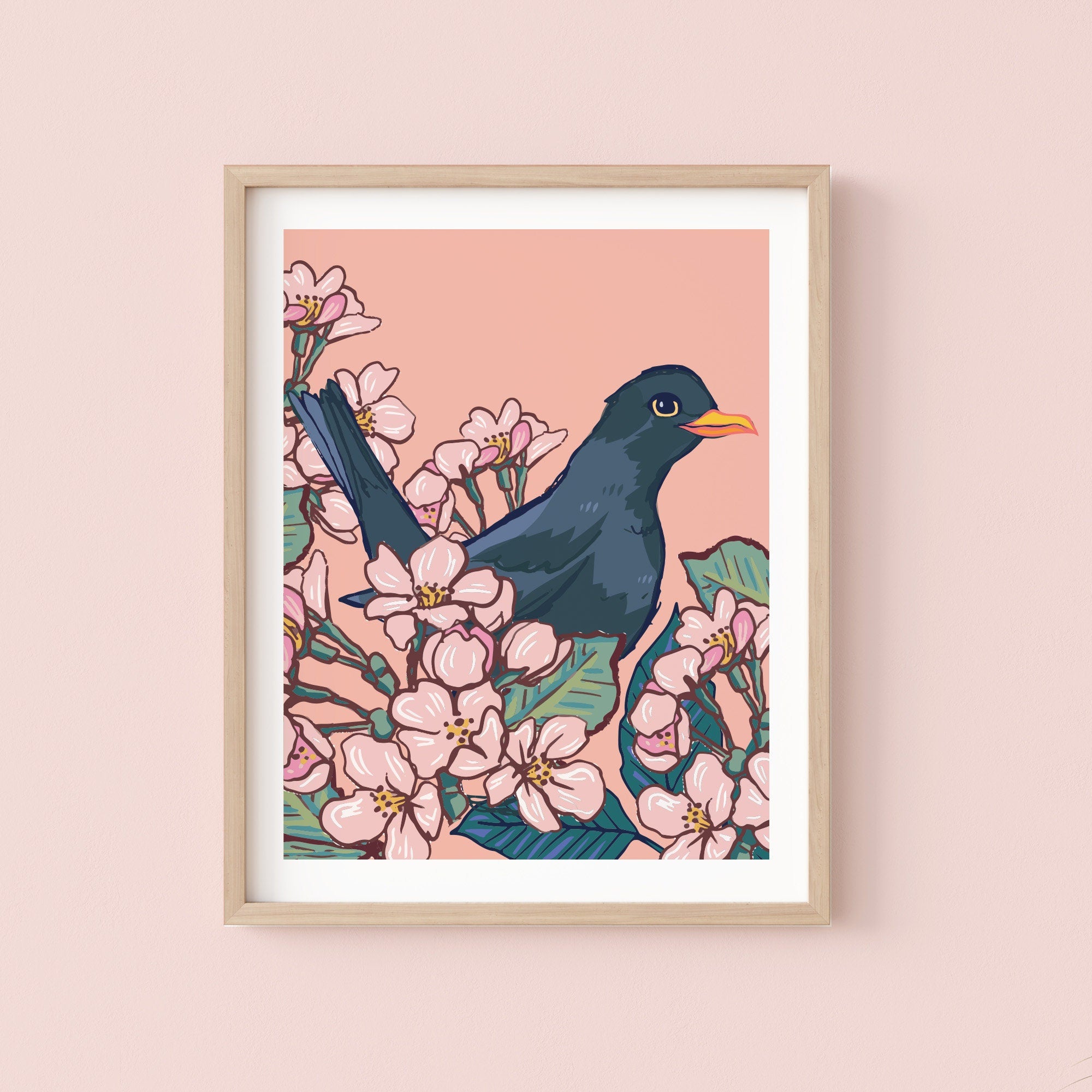 Blackbird in the Cherry Blossom Wall Art Print