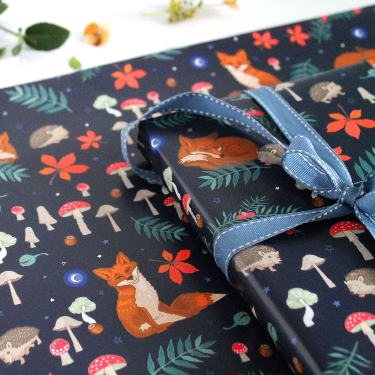 Fox and Hedgehog Gift Wrap: Woodland Animals, Toadstools, Night Sky