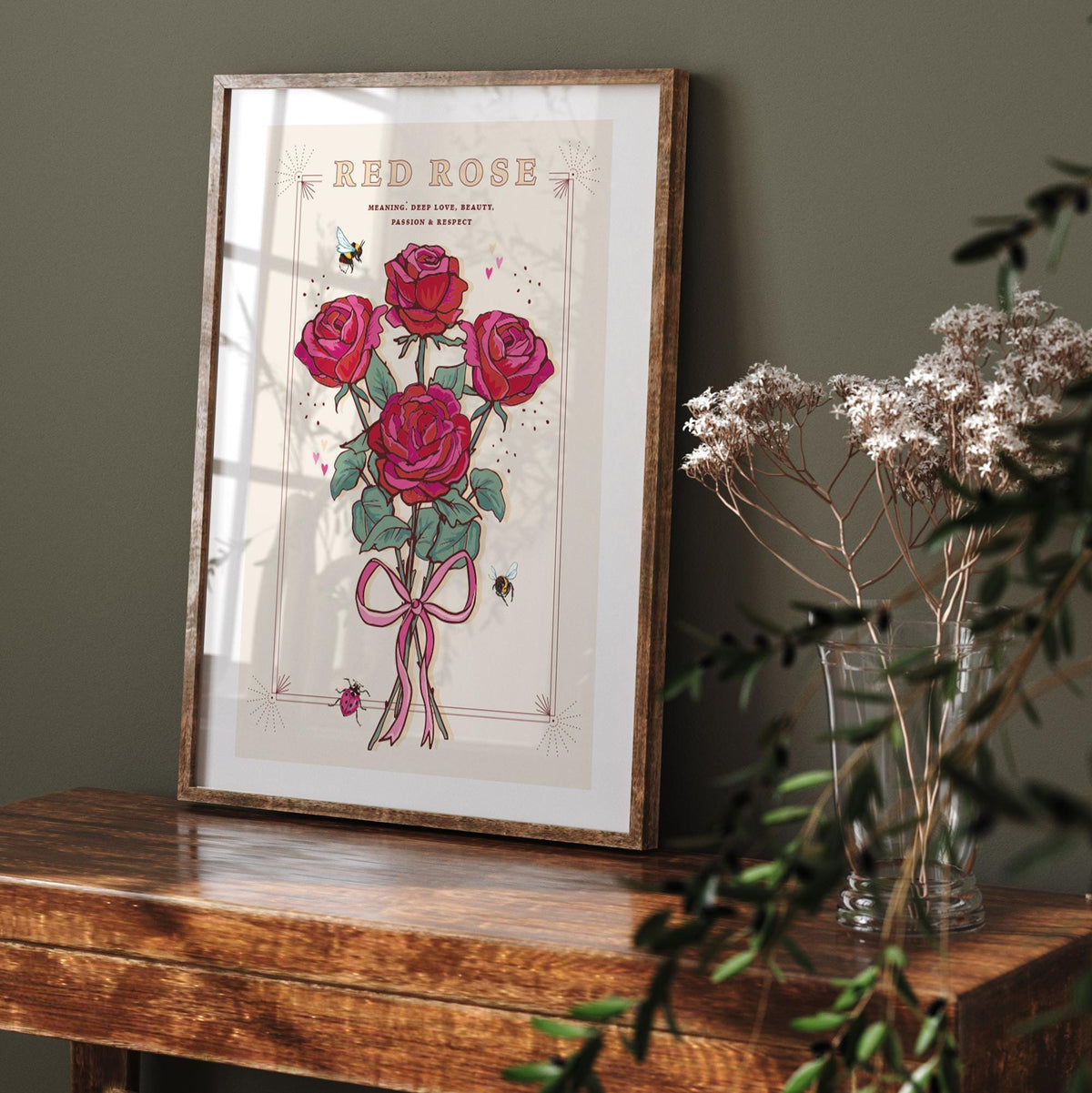 Red Rose Wall Art Print, Flower Meaning Illustration Print