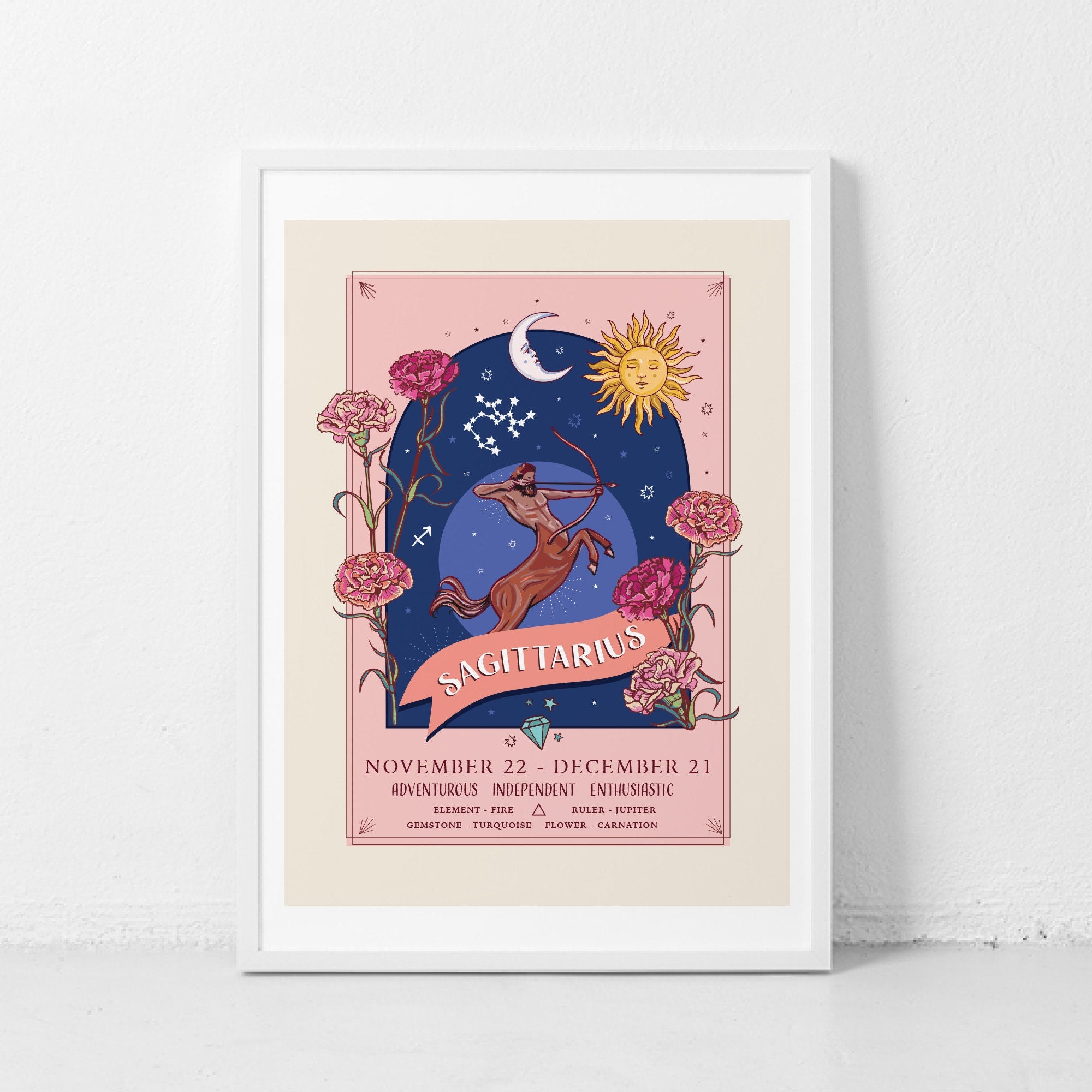 Sagittarius Wall Art Print, Zodiac Sign and Flowers Illustration Print