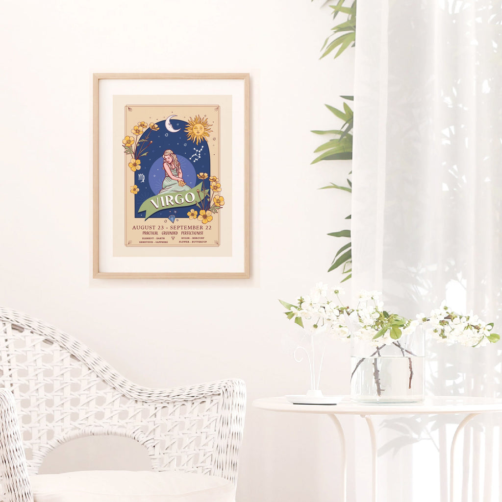 Virgo Wall Art Print, Zodiac Sign and Flowers Illustration Print