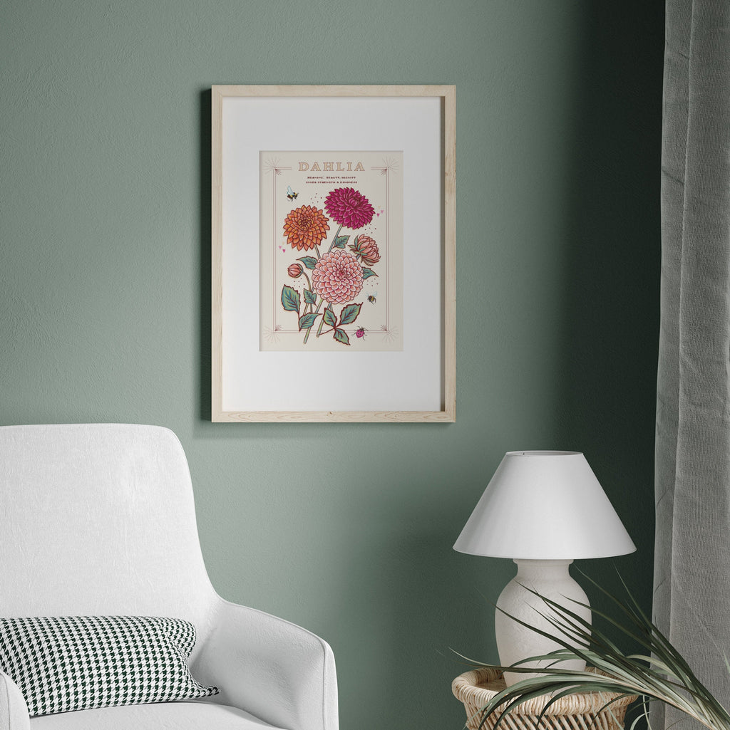 Dahlia Wall Art Print, Flower Meaning Illustration Print