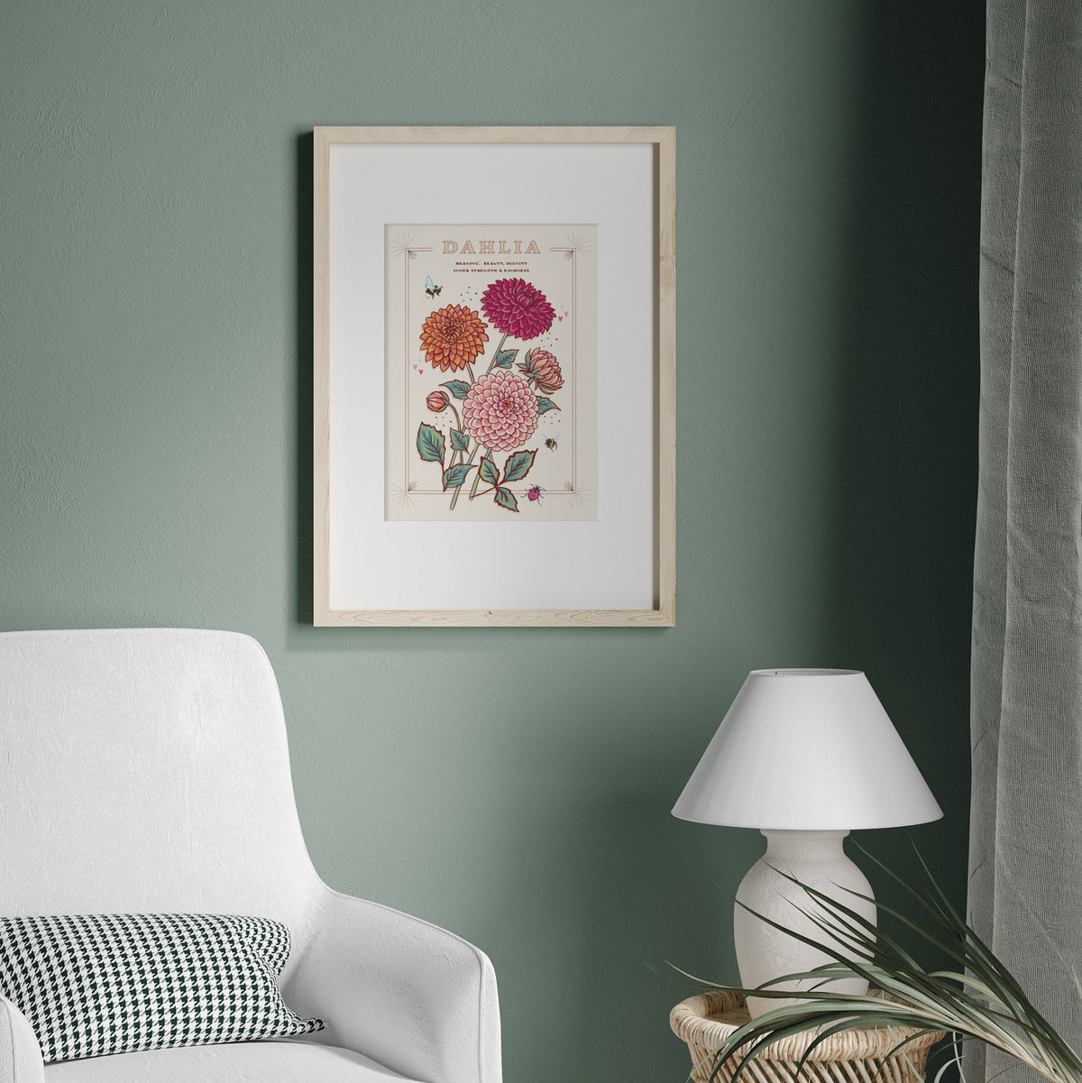 Dahlia Wall Art Print, Flower Meaning Illustration Print
