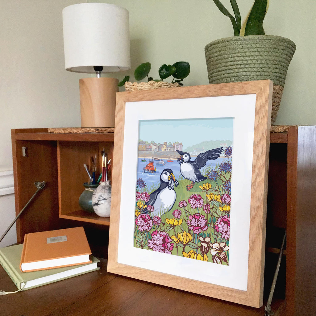 Puffins and Coastal Flowers Wall Art Print
