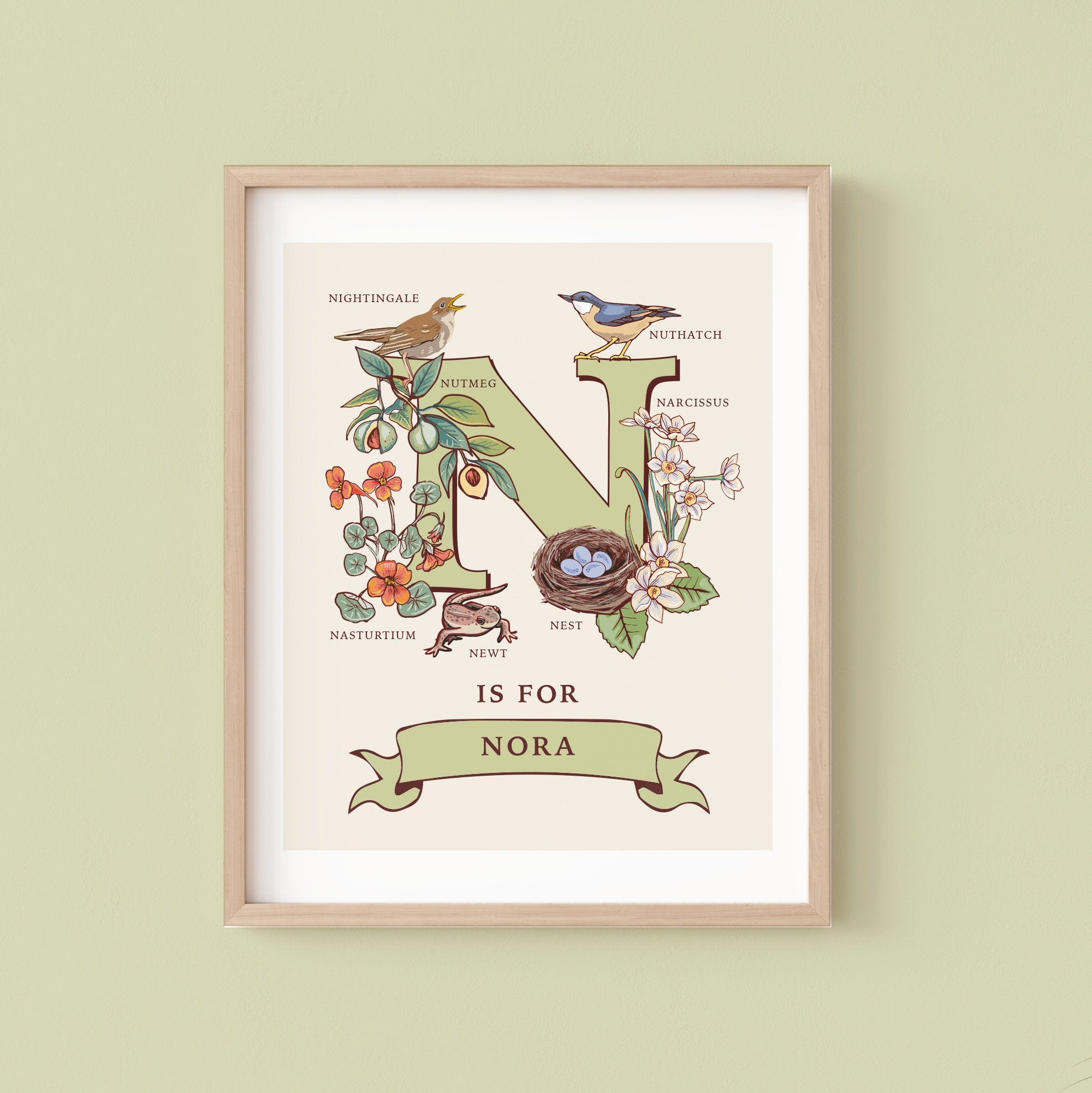 N - Personalised Letter N Print, Initial N Wall Art, Nature Guide Monogram Illustration