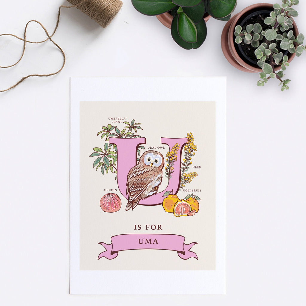 U - Personalised Letter U Print, Initial U Wall Art, Nature Guide Monogram Illustration
