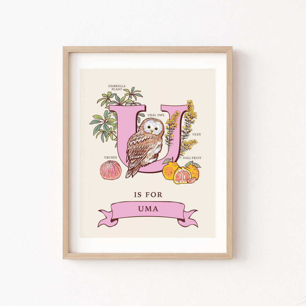 U - Personalised Letter U Print, Initial U Wall Art, Nature Guide Monogram Illustration