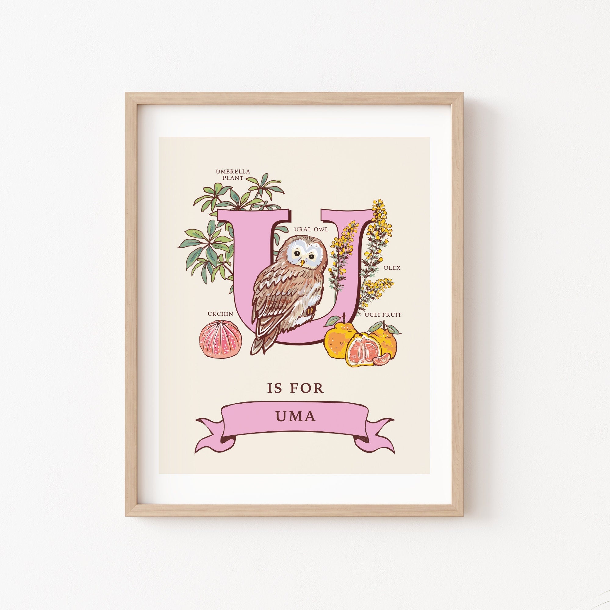 U - Personalised Letter U Print, Initial U Wall Art, Nature Guide Monogram Illustration