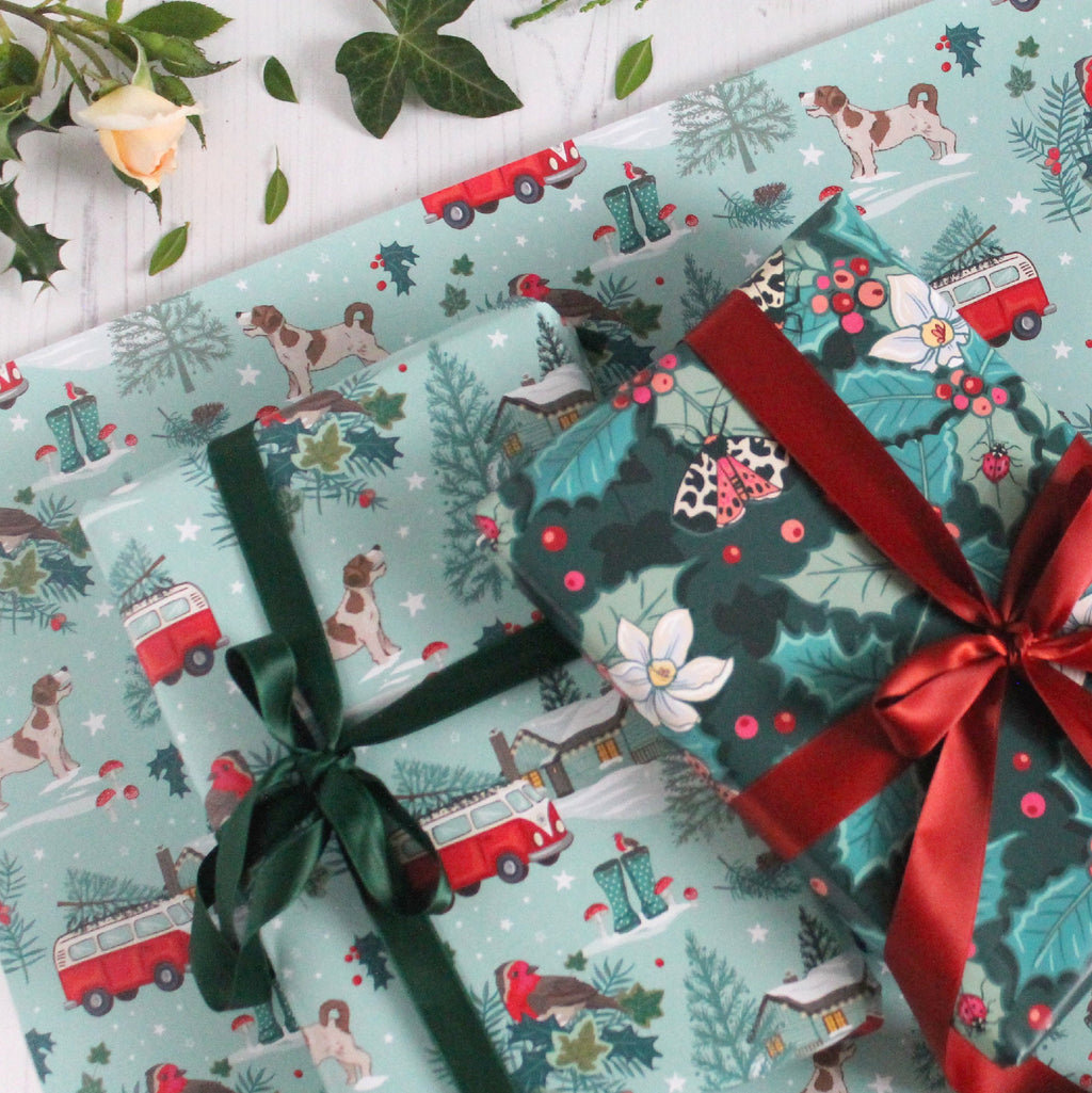 Holly Christmas Wrapping Paper pack of 2 Sheets with Tags