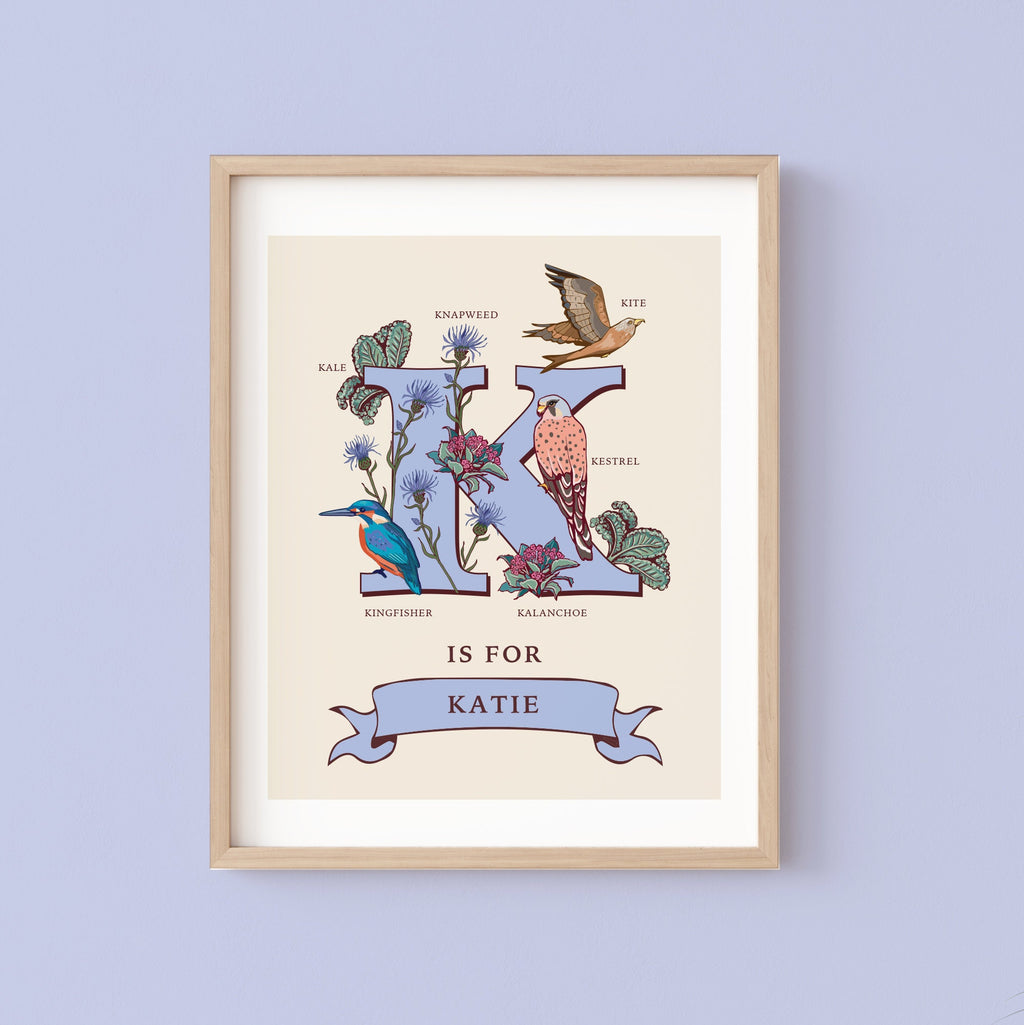 K - Personalised Letter K Print, Initial K Wall Art, Nature Guide Monogram Illustration