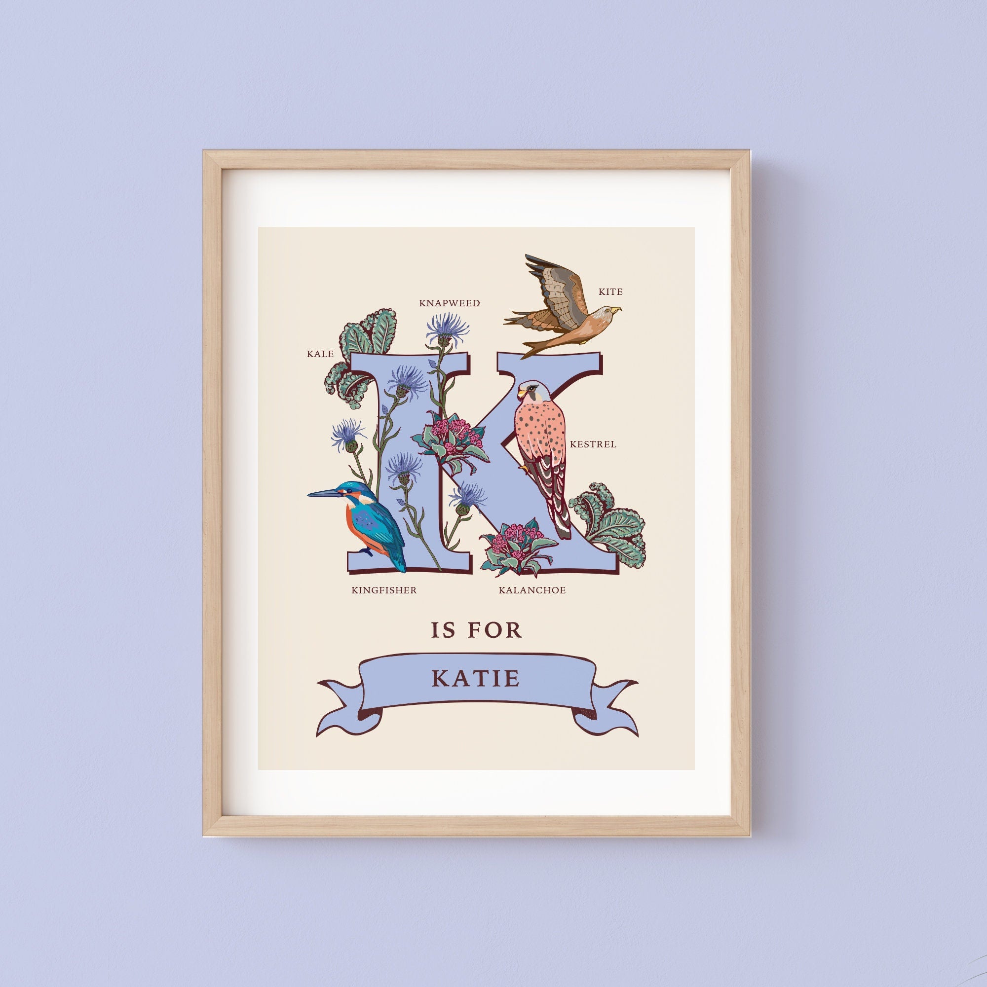 K - Personalised Letter K Print, Initial K Wall Art, Nature Guide Monogram Illustration