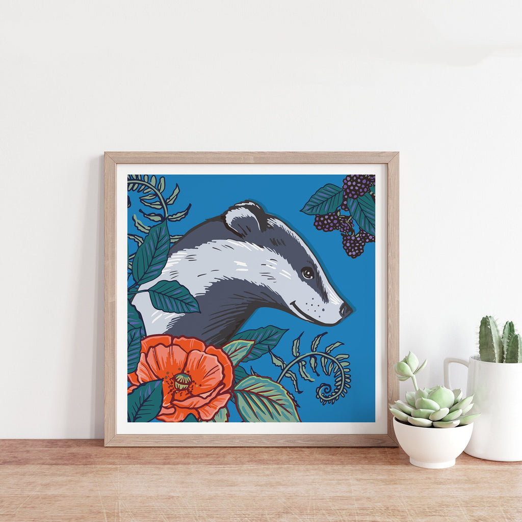 Woodland Badger Square Wall Art Print 8x8