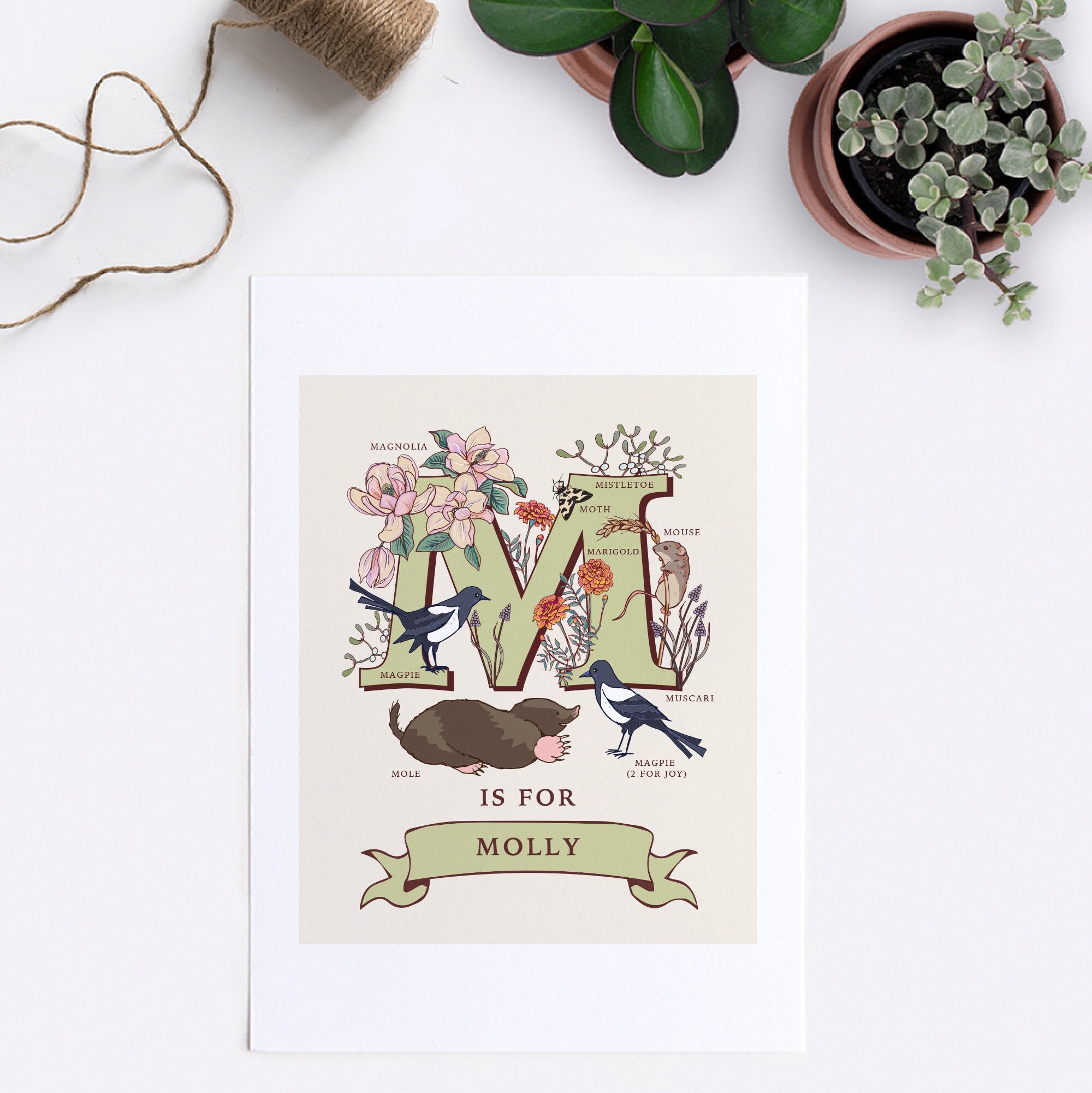 M - Personalised Letter M Print, Initial M Wall Art, Nature Guide Monogram Illustration