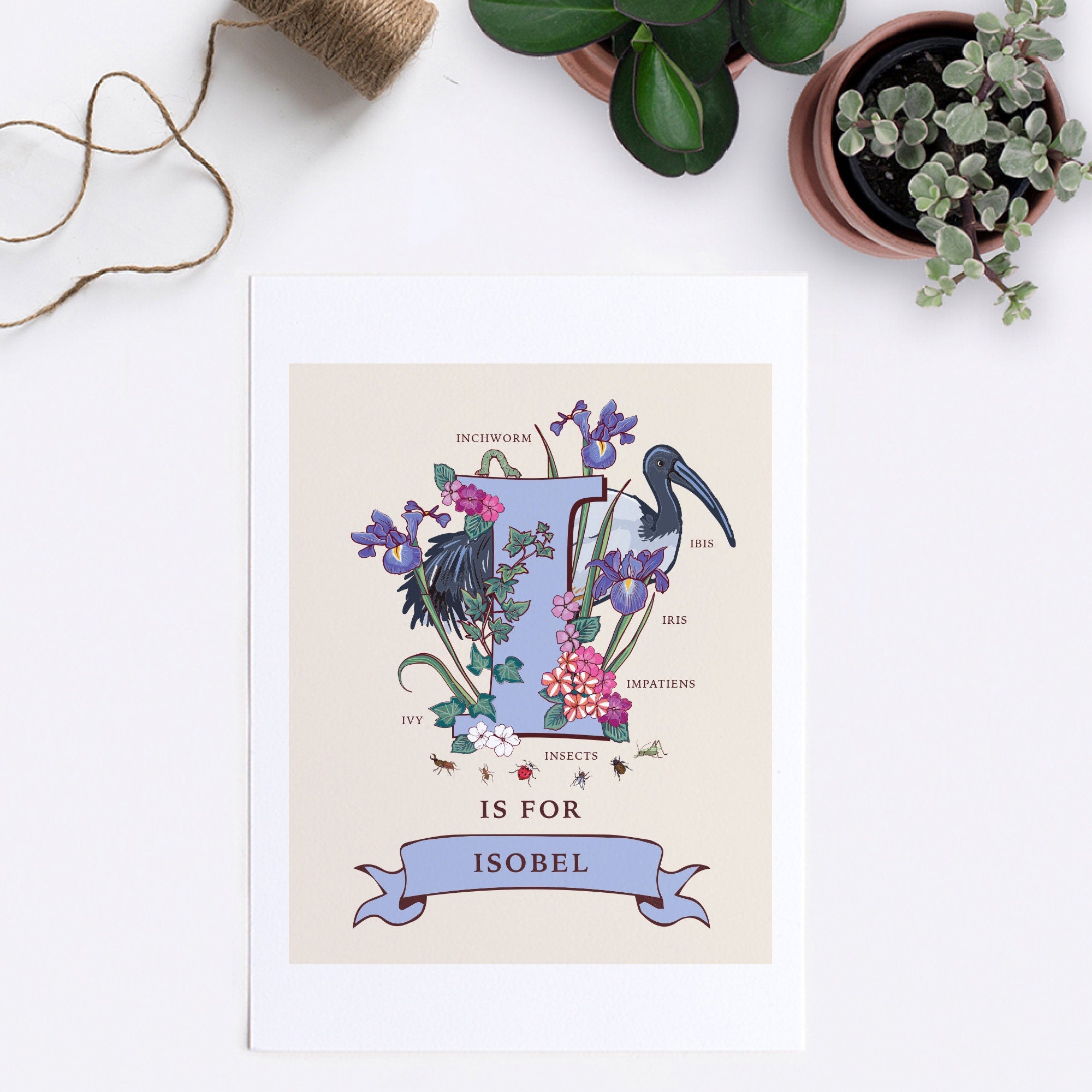 I - Personalised Letter I Print, Initial I Wall Art, Nature Guide Monogram Illustration
