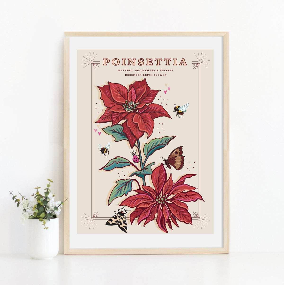 Poinsettia Wall Art Print, December Flower Illustration Print