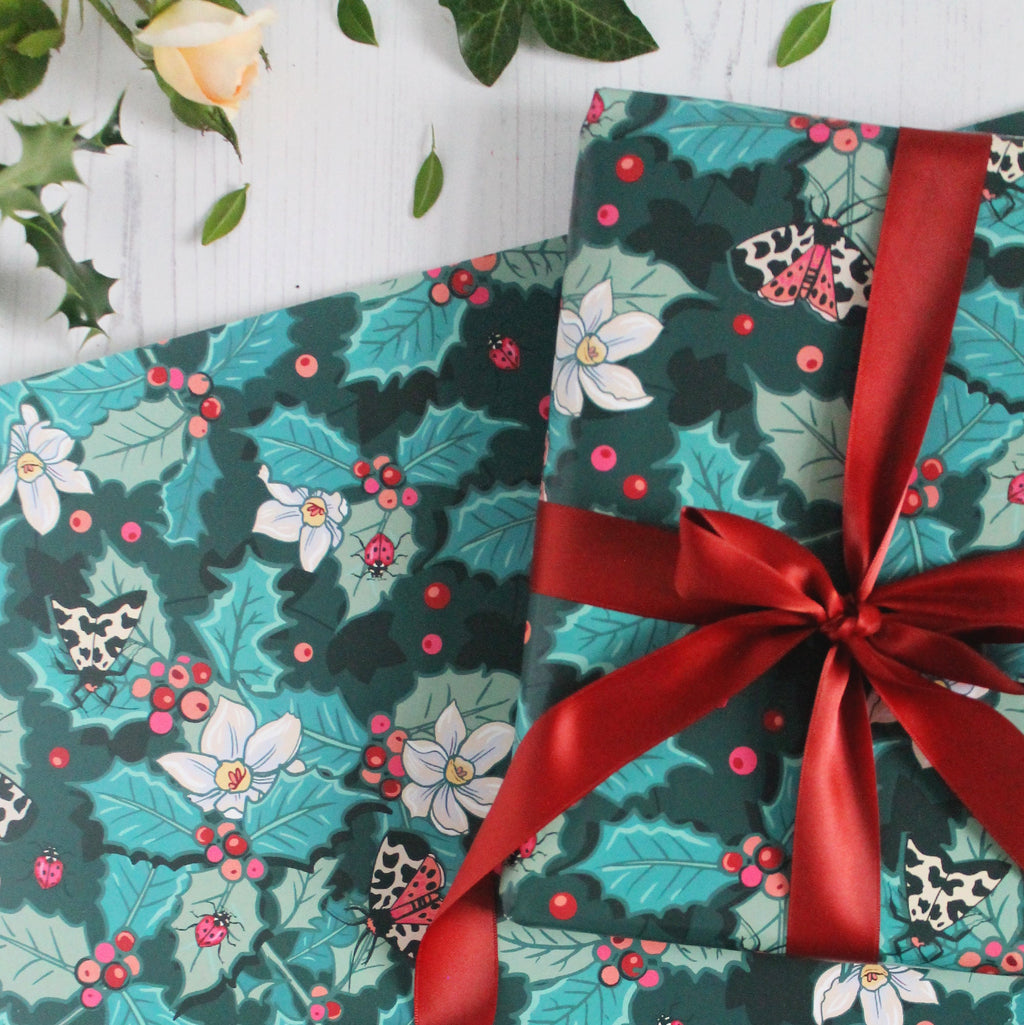 Holly Christmas Wrapping Paper pack of 2 Sheets with Tags