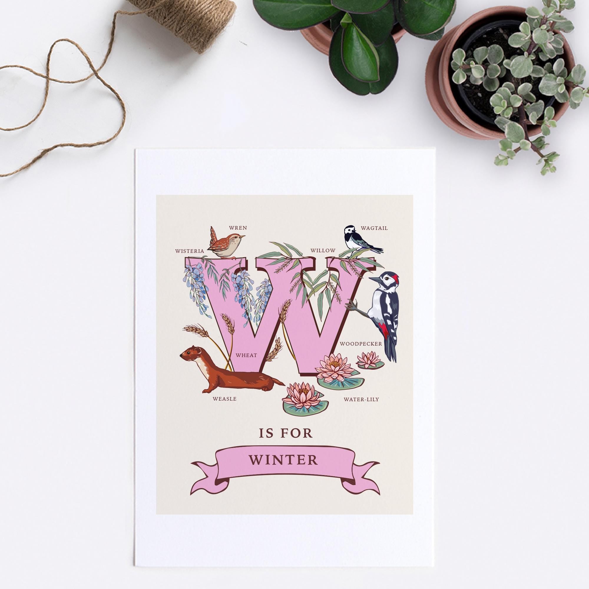 W - Personalised Letter W Print, Initial W Wall Art, Nature Guide Monogram Illustration