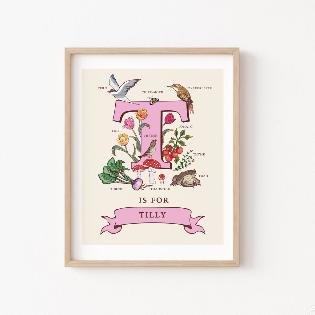 T - Personalised Letter T Print, Initial T Wall Art, Nature Guide Monogram Illustration