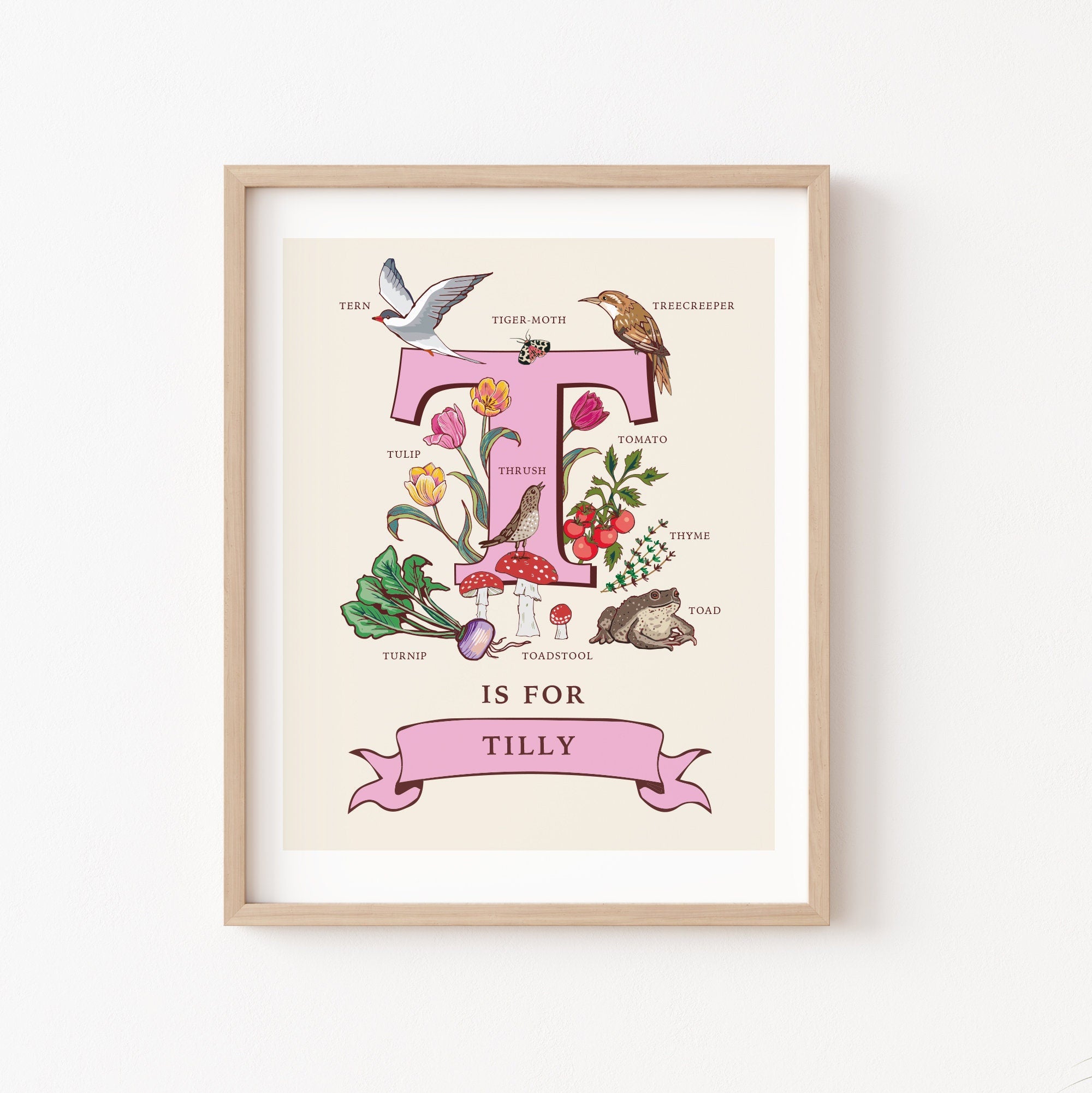 T - Personalised Letter T Print, Initial T Wall Art, Nature Guide Monogram Illustration