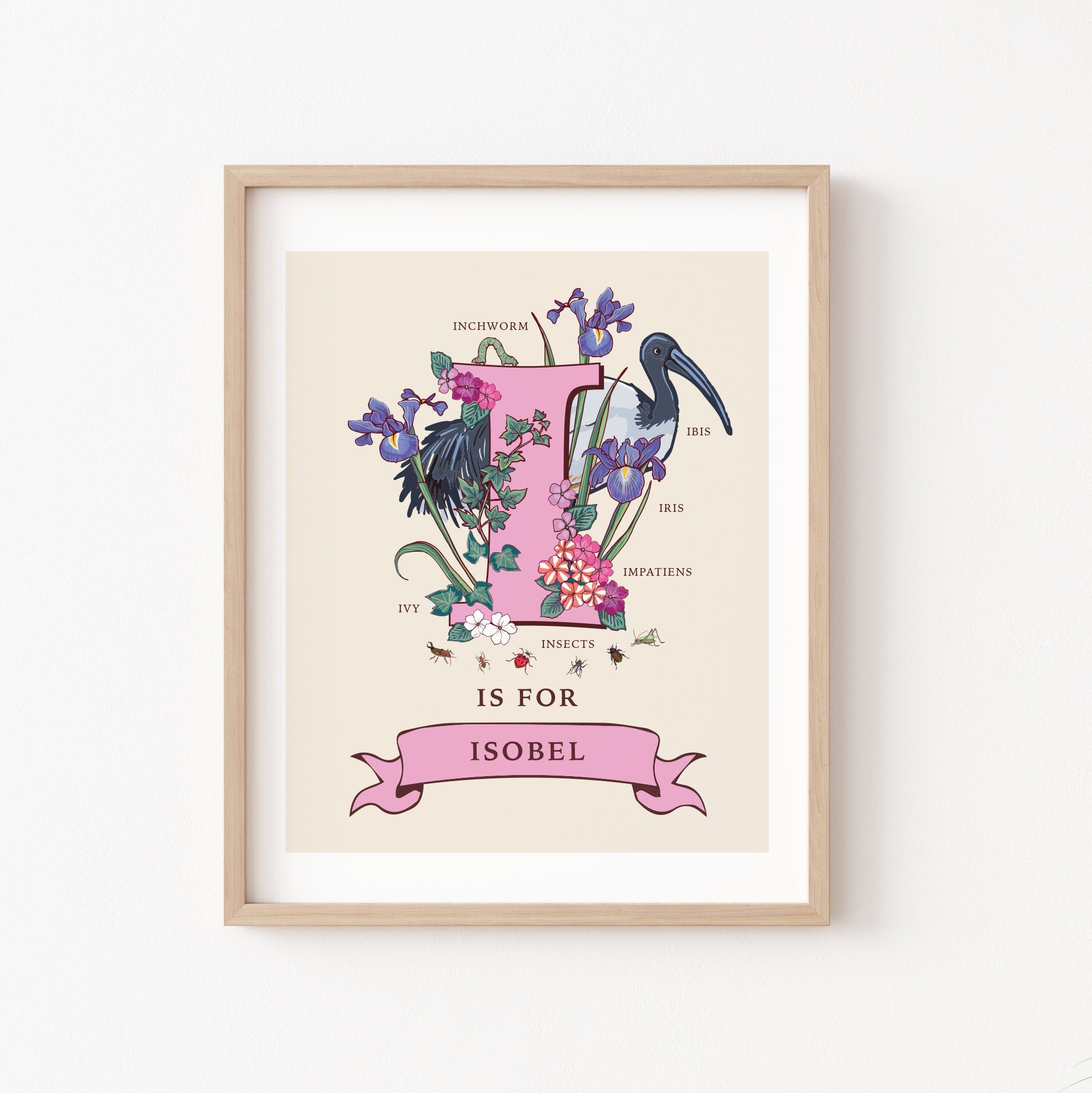 I - Personalised Letter I Print, Initial I Wall Art, Nature Guide Monogram Illustration