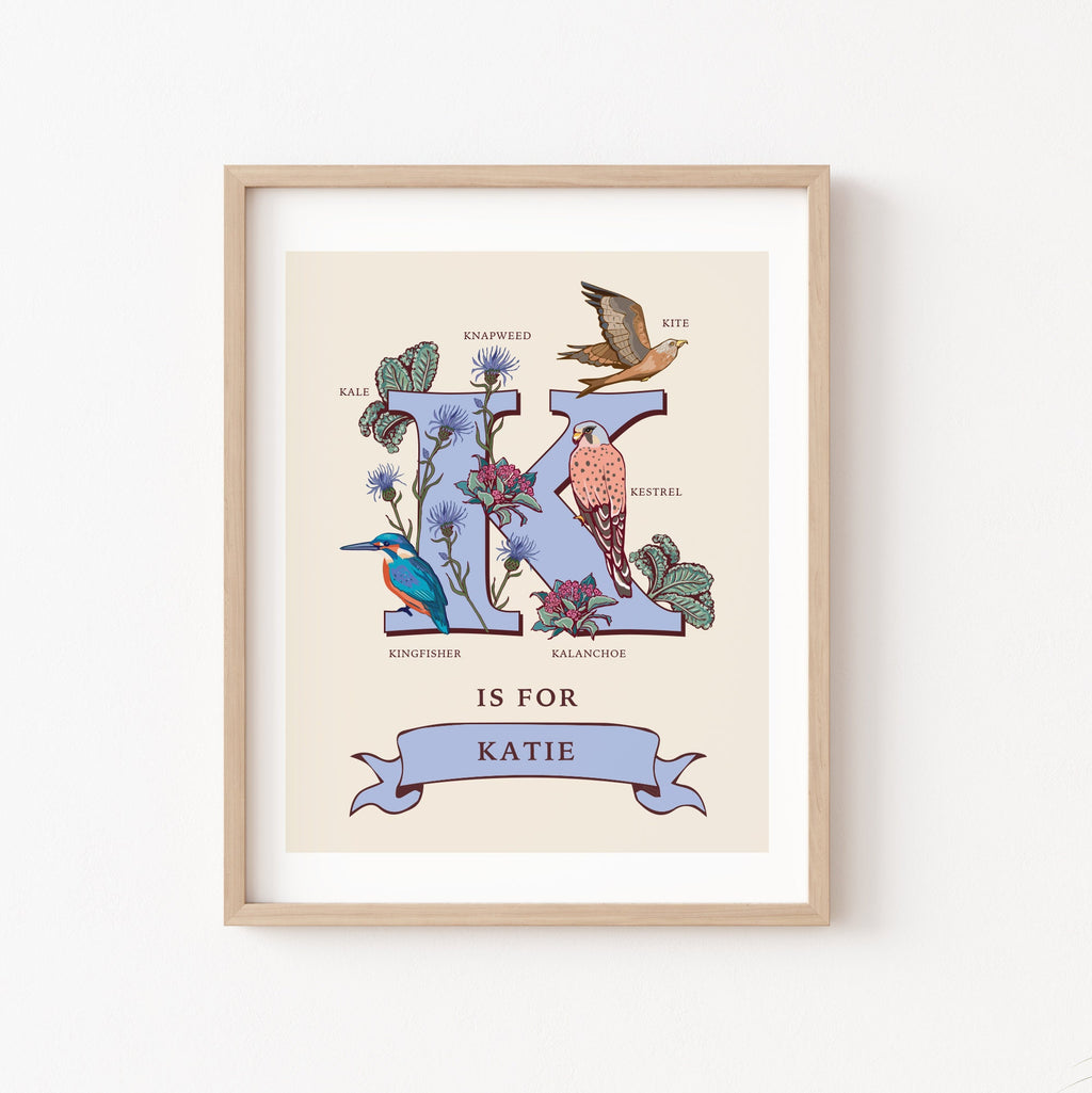 K - Personalised Letter K Print, Initial K Wall Art, Nature Guide Monogram Illustration