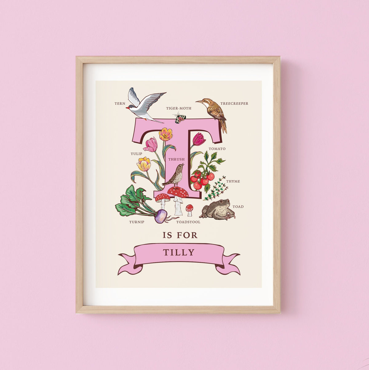 T - Personalised Letter T Print, Initial T Wall Art, Nature Guide Monogram Illustration