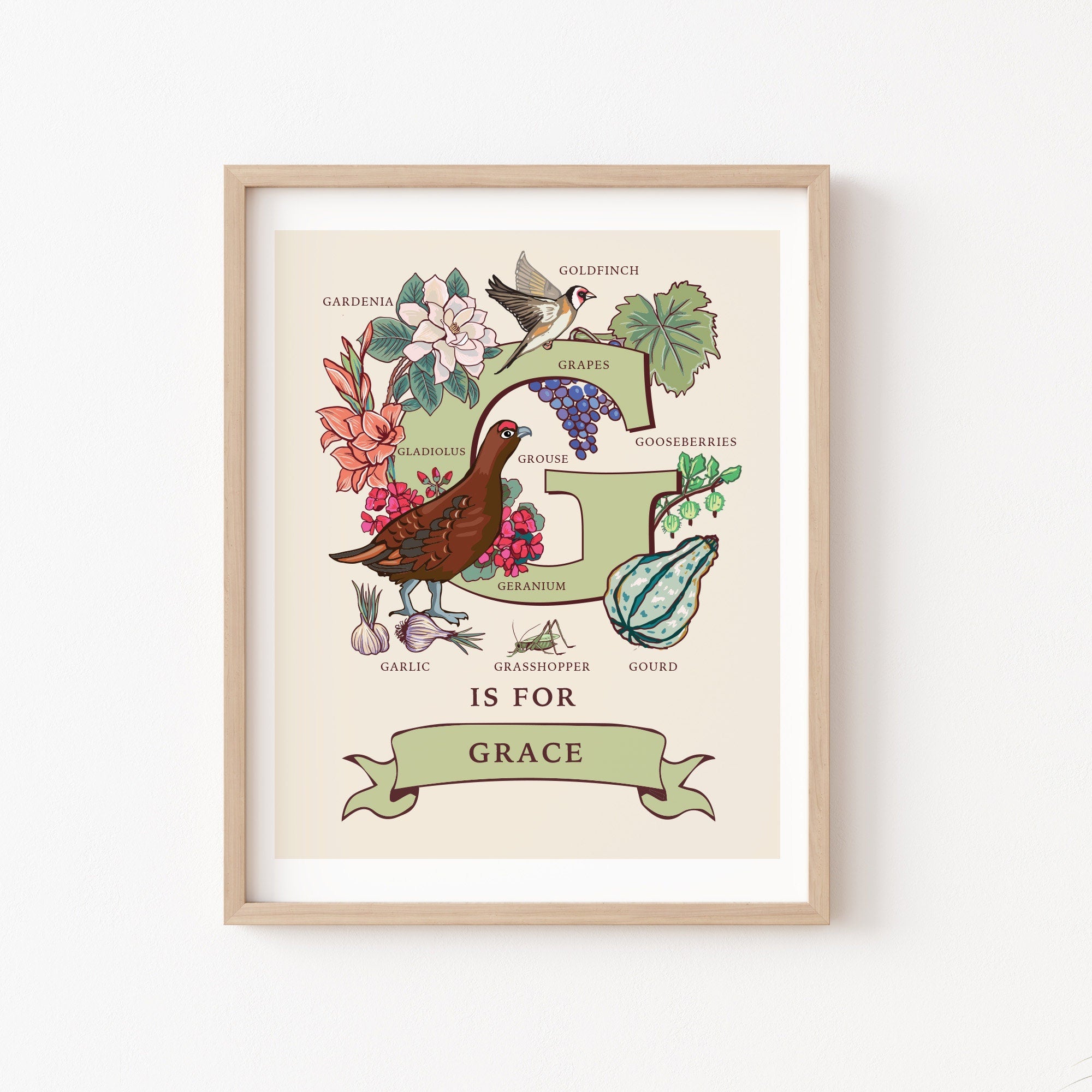G - Personalised Letter G Print, Initial G Wall Art, Nature Guide Monogram Illustration