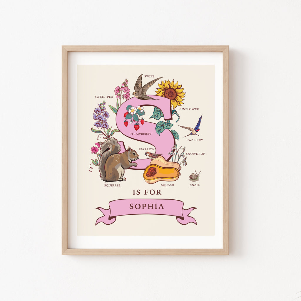 S - Personalised Letter S Print, Initial S Wall Art, Nature Guide Monogram Illustration