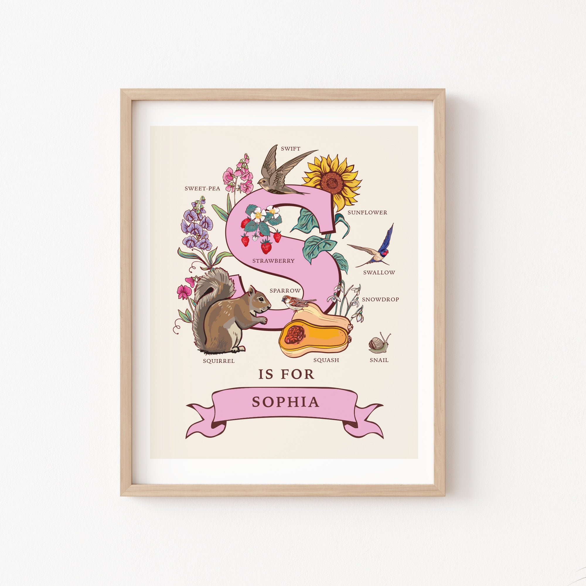 S - Personalised Letter S Print, Initial S Wall Art, Nature Guide Monogram Illustration