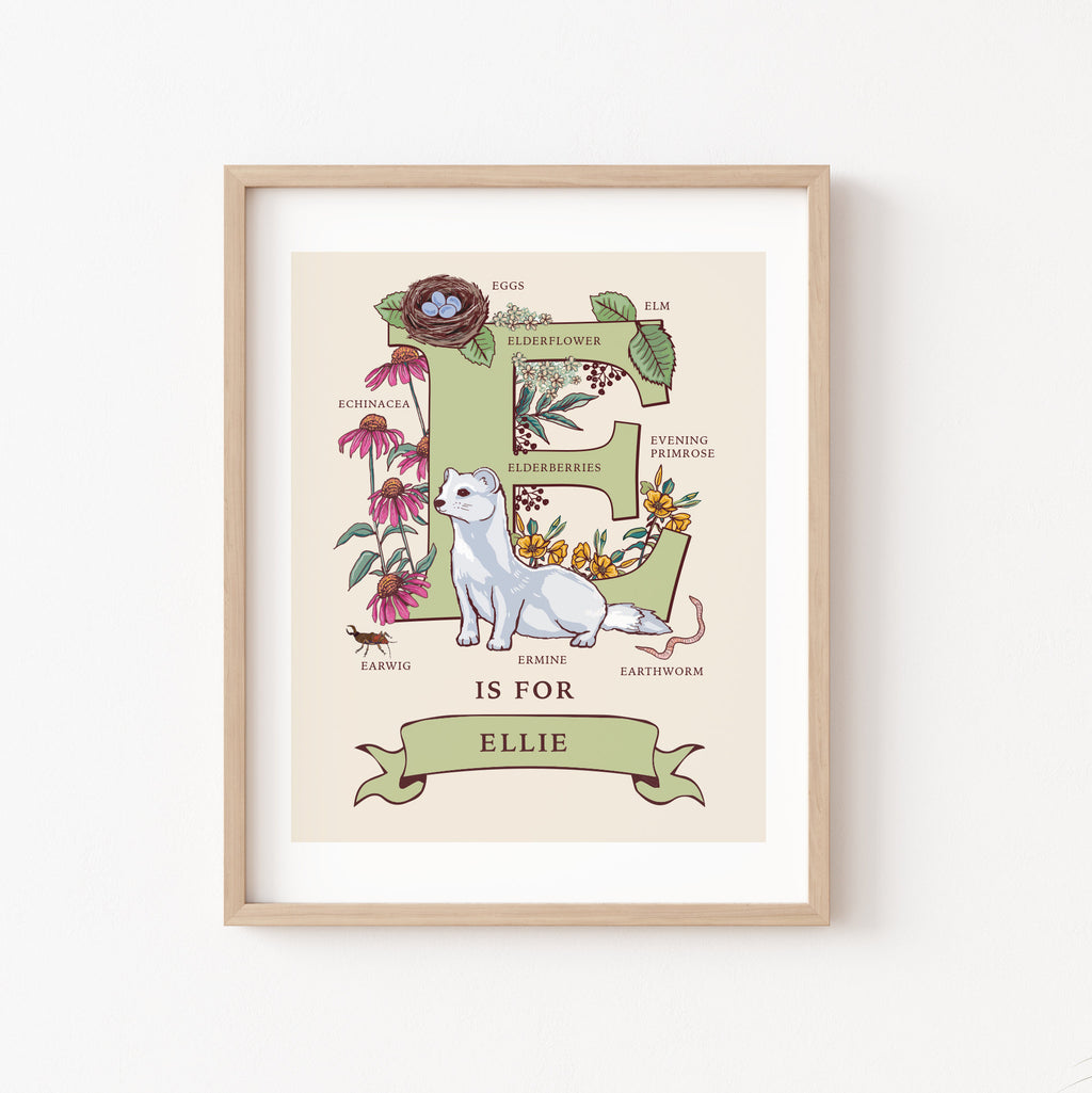 Personalised Monogram Initial Letter E, Nature Guide Wall Art Print