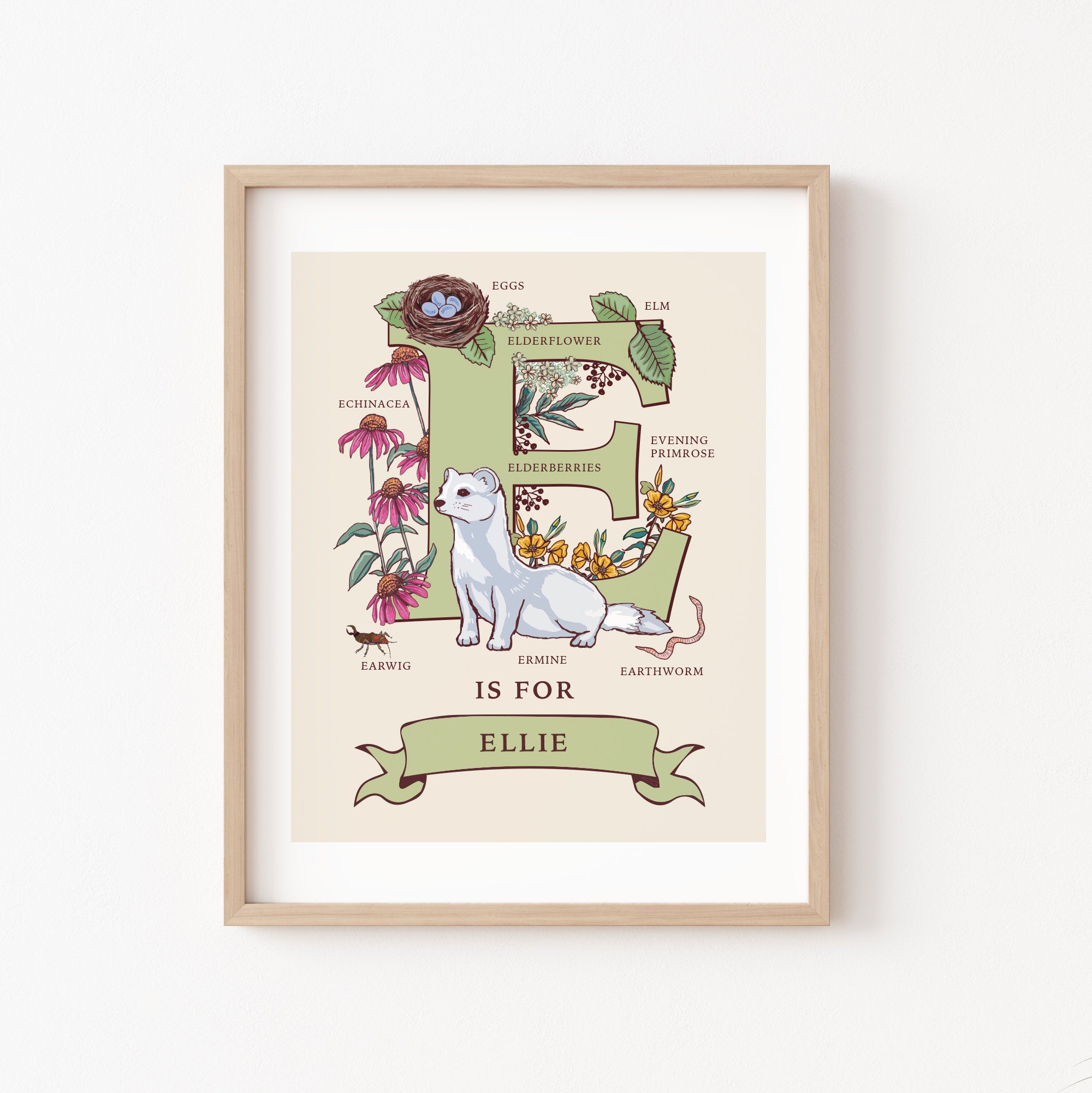Personalised Monogram Initial Letter E, Nature Guide Wall Art Print